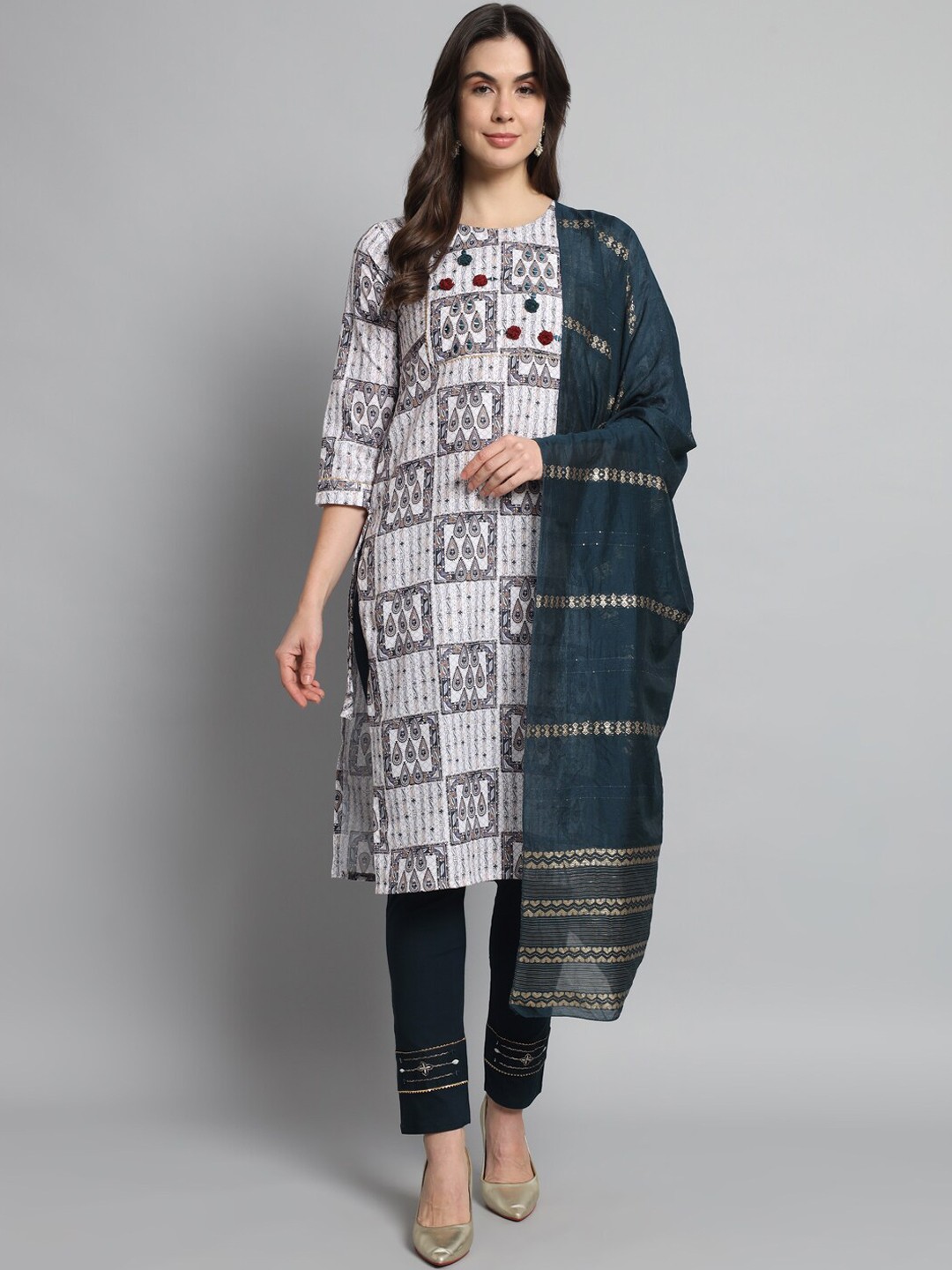 

KALINI Printed Kurta with Trousers & Dupatta, White