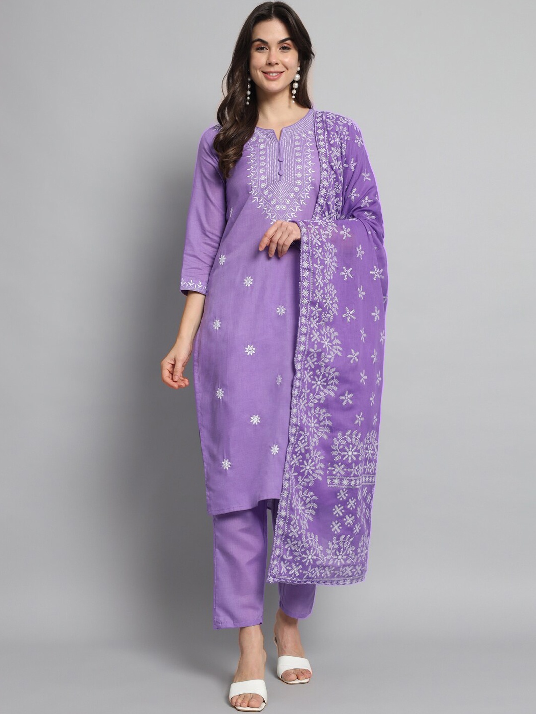 

KALINI Printed Pure Cotton Kurta with Trousers & With Dupatta, Lavender