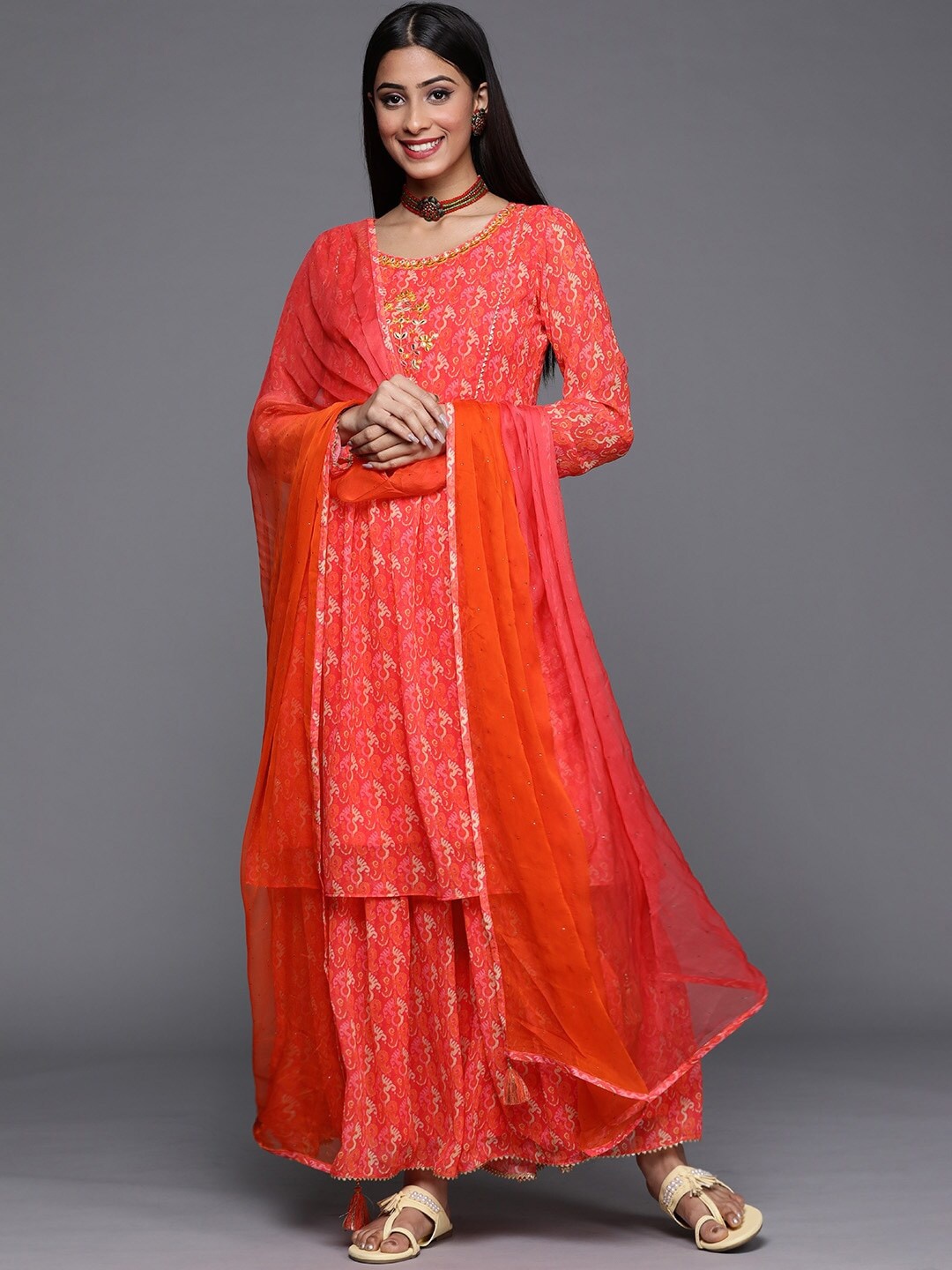

KALINI Round Neck Floral Printed A-line Kurta with Palazzos & Dupatta, Red