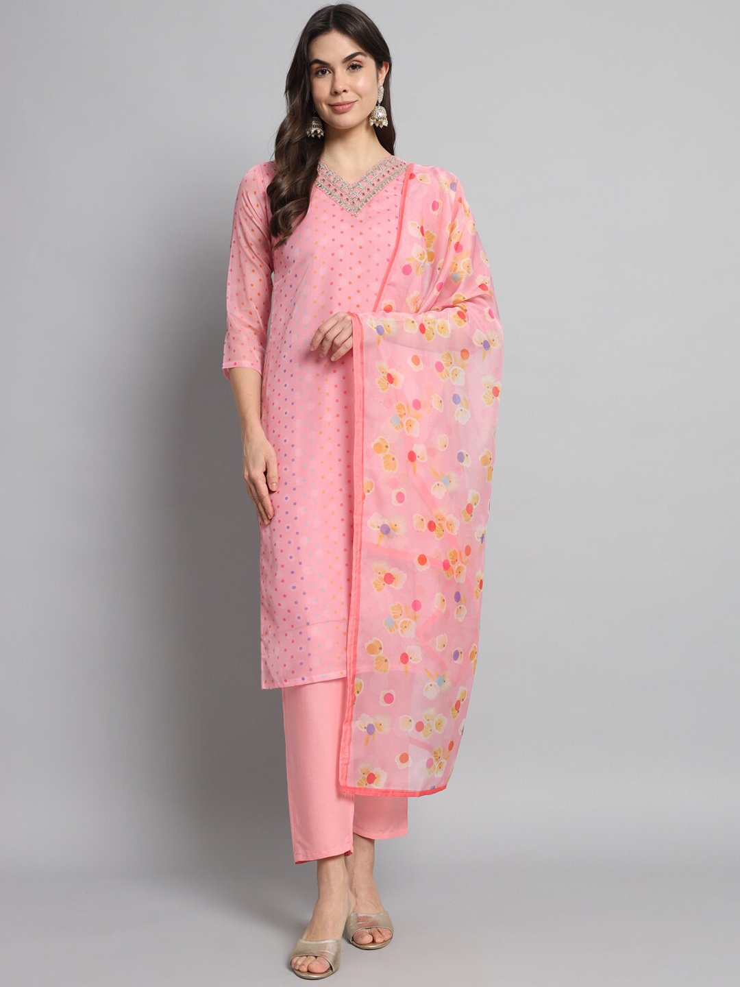 

KALINI V neck Thread Work Geometric Printed Straight Kurta with Trousers & Dupatta, Pink
