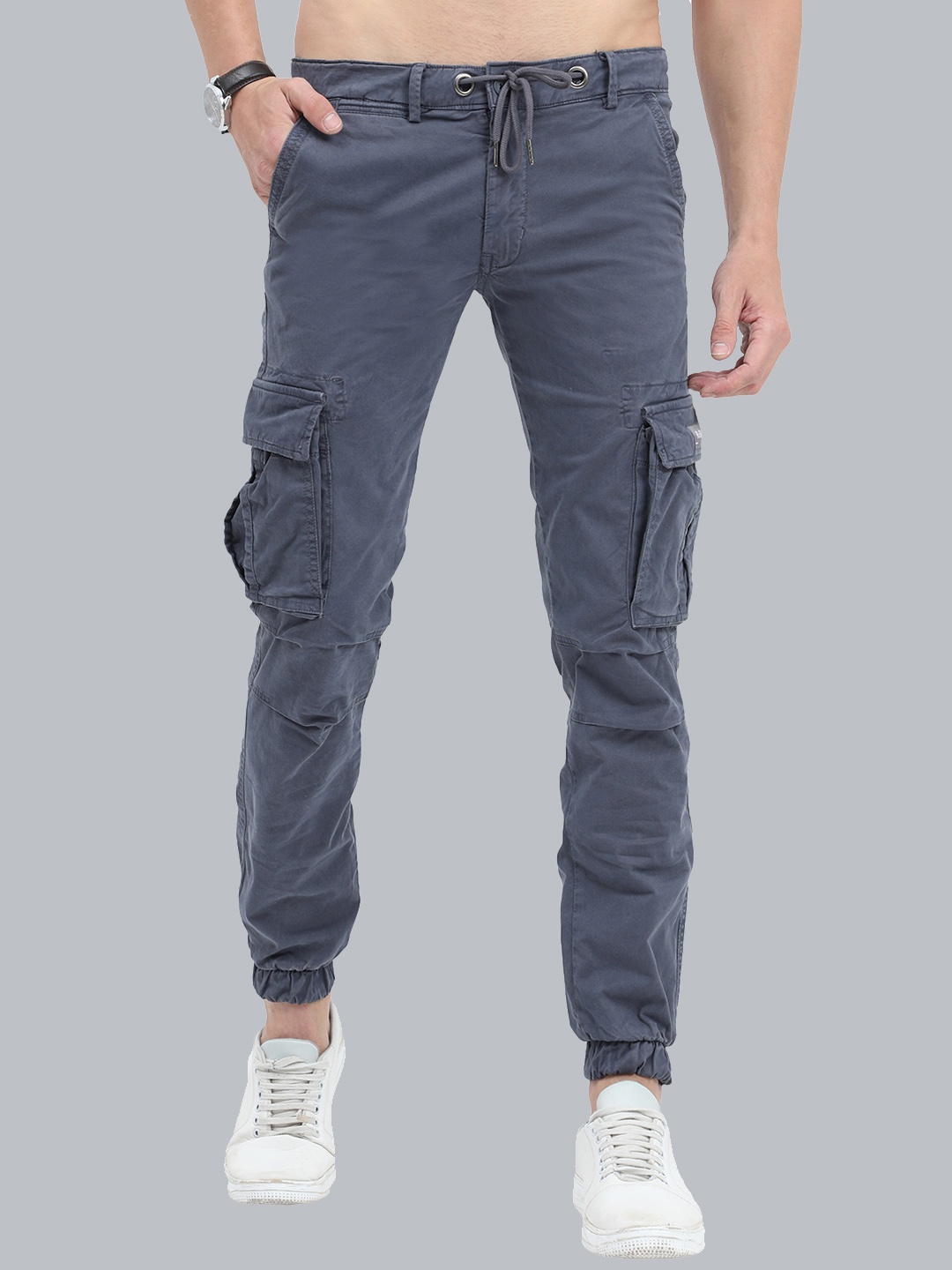 

Reslag Men Mid-Rise Cotton Cargos Joggers, Grey
