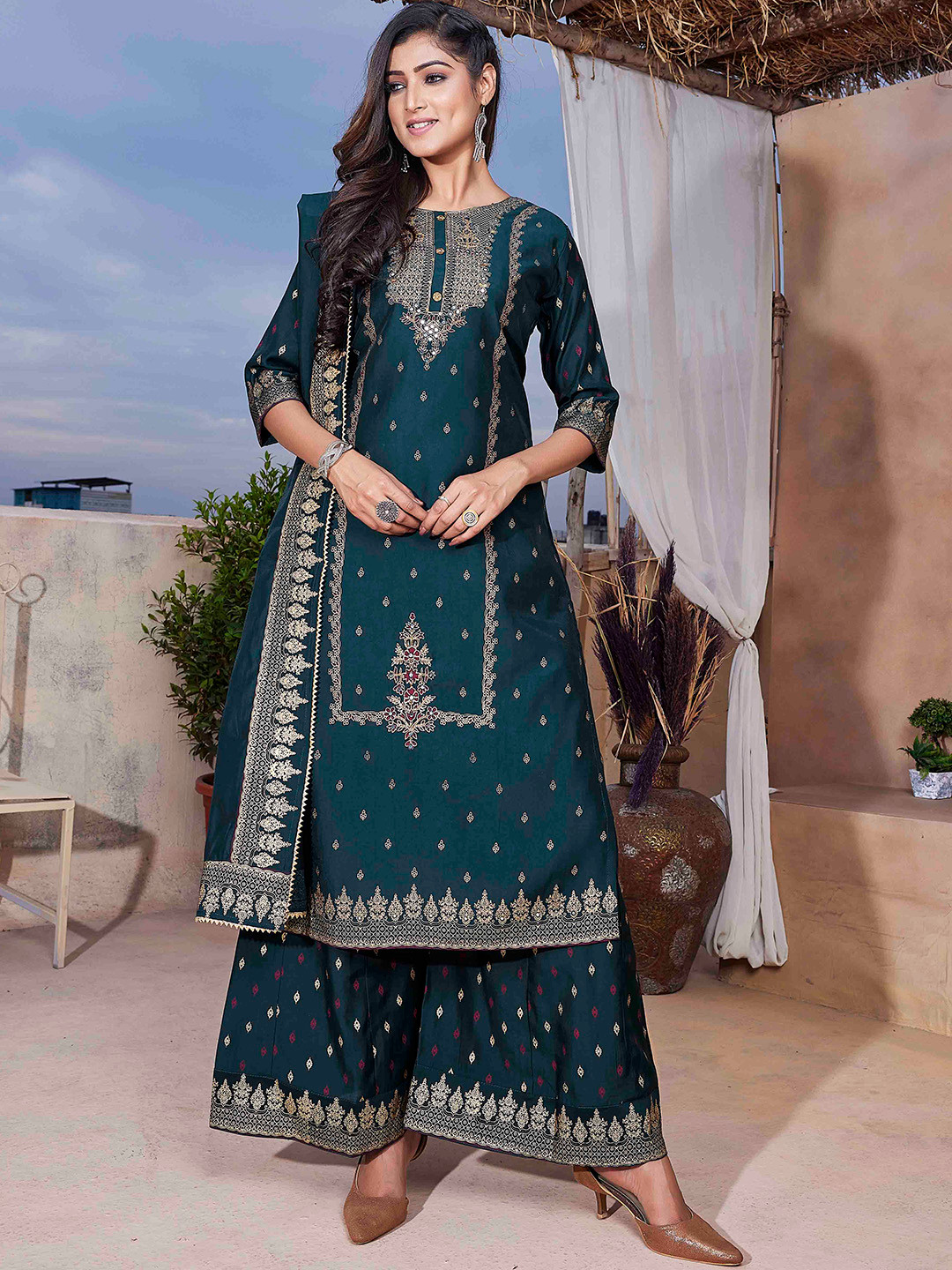 

Chandbaali Ethnic Motifs Printed Round Neck Pure Silk Kurta with Palazzo & Dupatta, Green