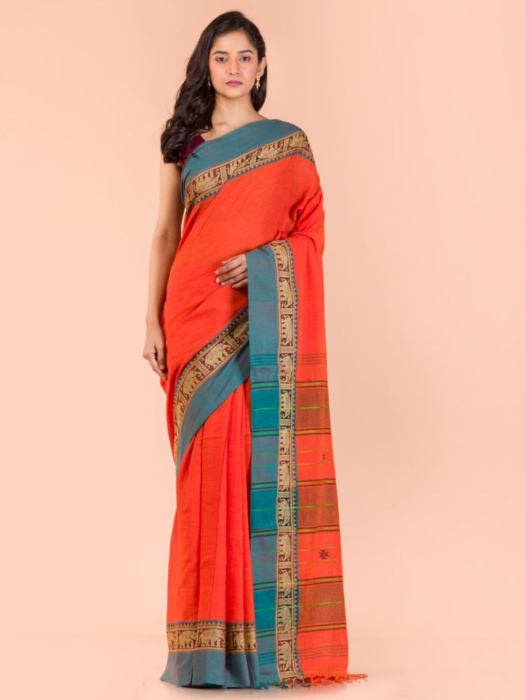 

Angoshobha Kalamkari Woven Design Pure Cotton Saree, Orange