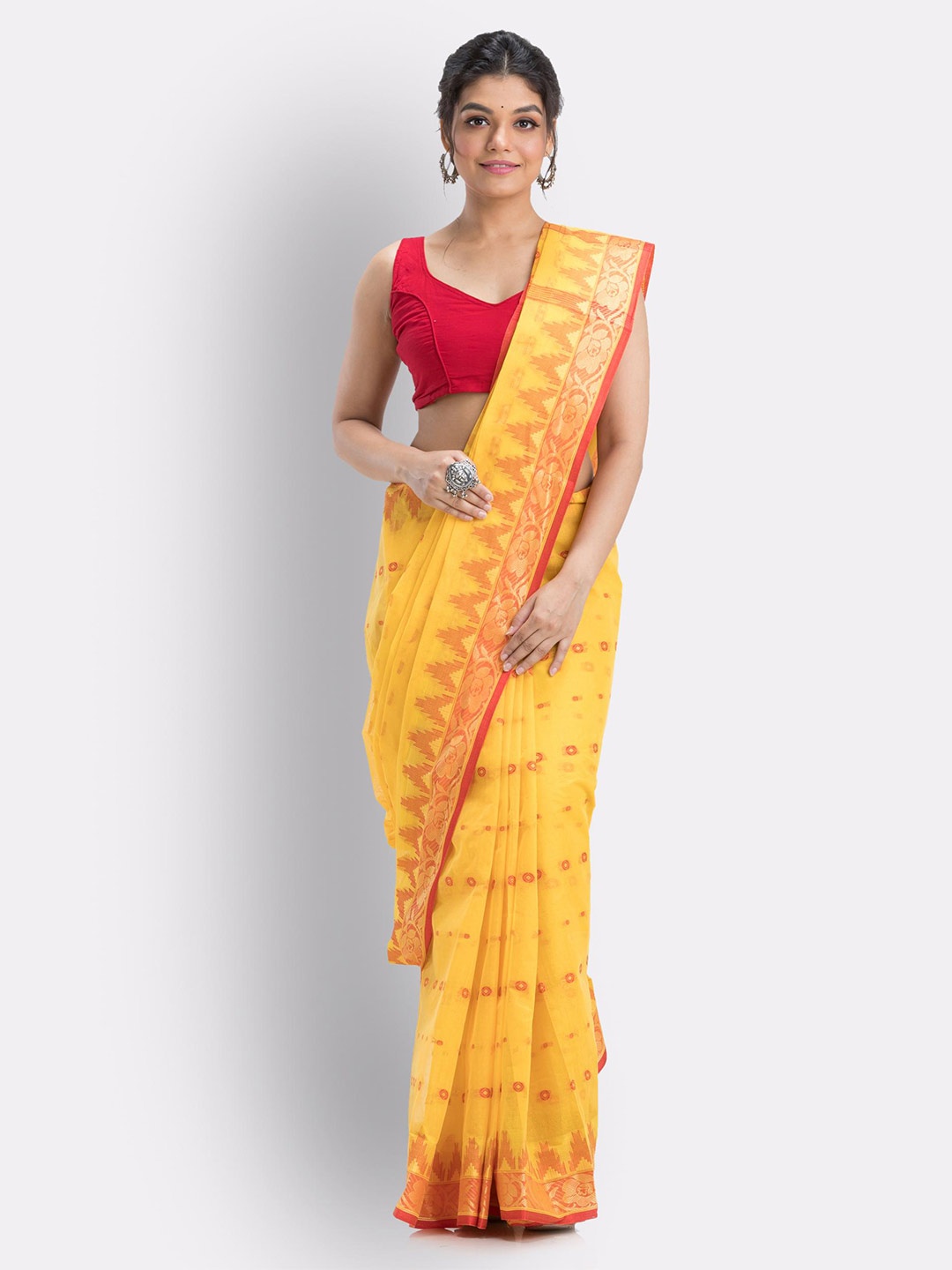 

Angoshobha Ethnic Motifs Woven Design Zari Pure Cotton Saree, Yellow