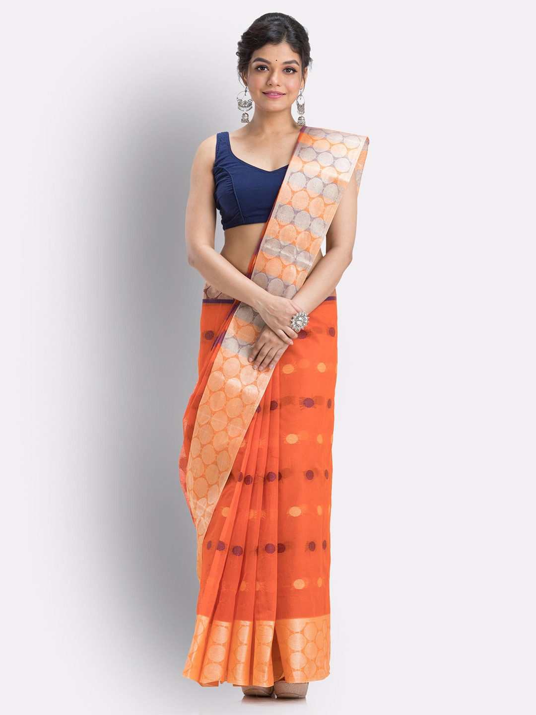 

Angoshobha Geometric Zari Woven Design Pure Cotton Saree, Orange