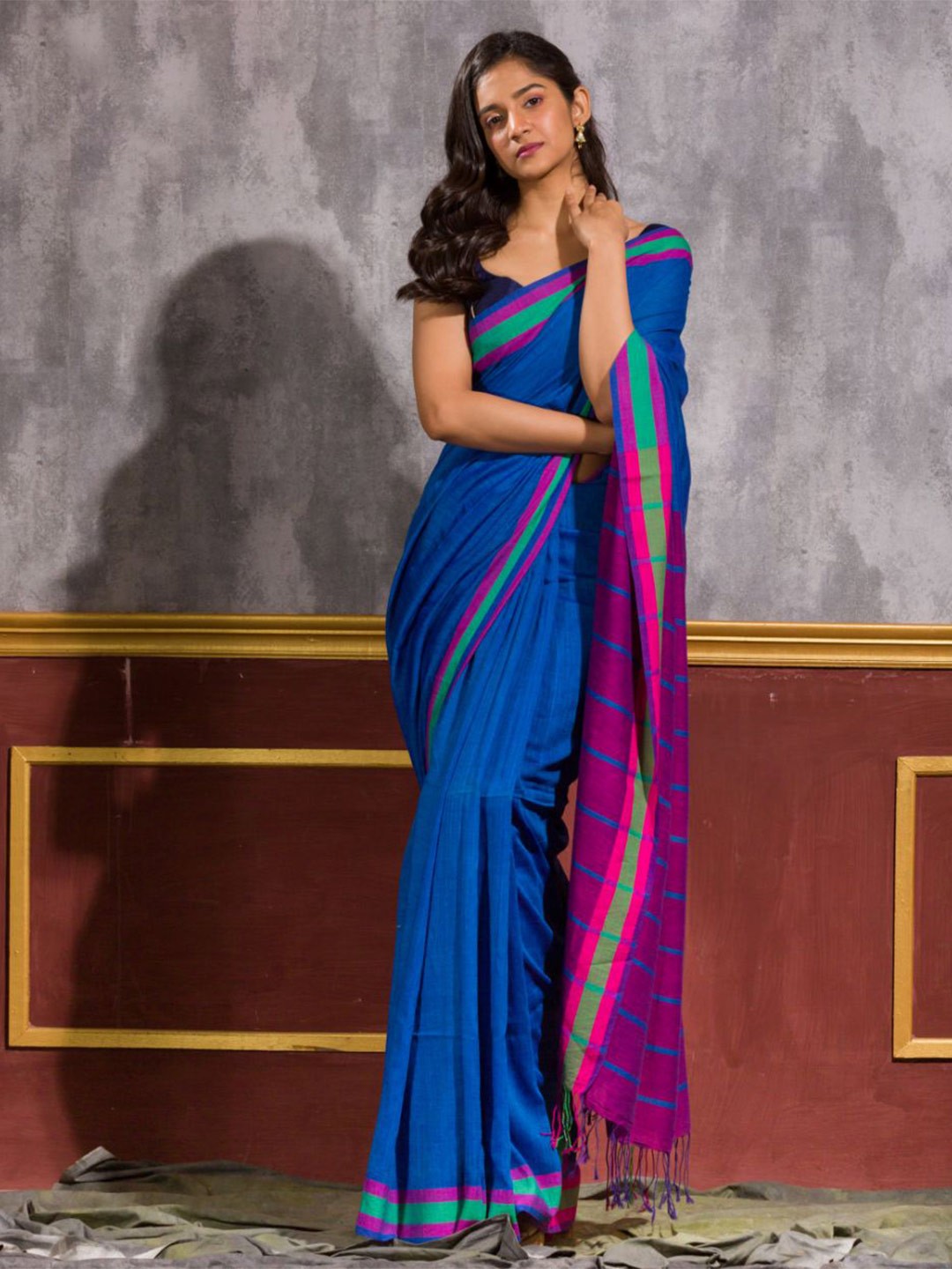 

Angoshobha Ethnic Woven Design Pure Cotton Saree, Blue