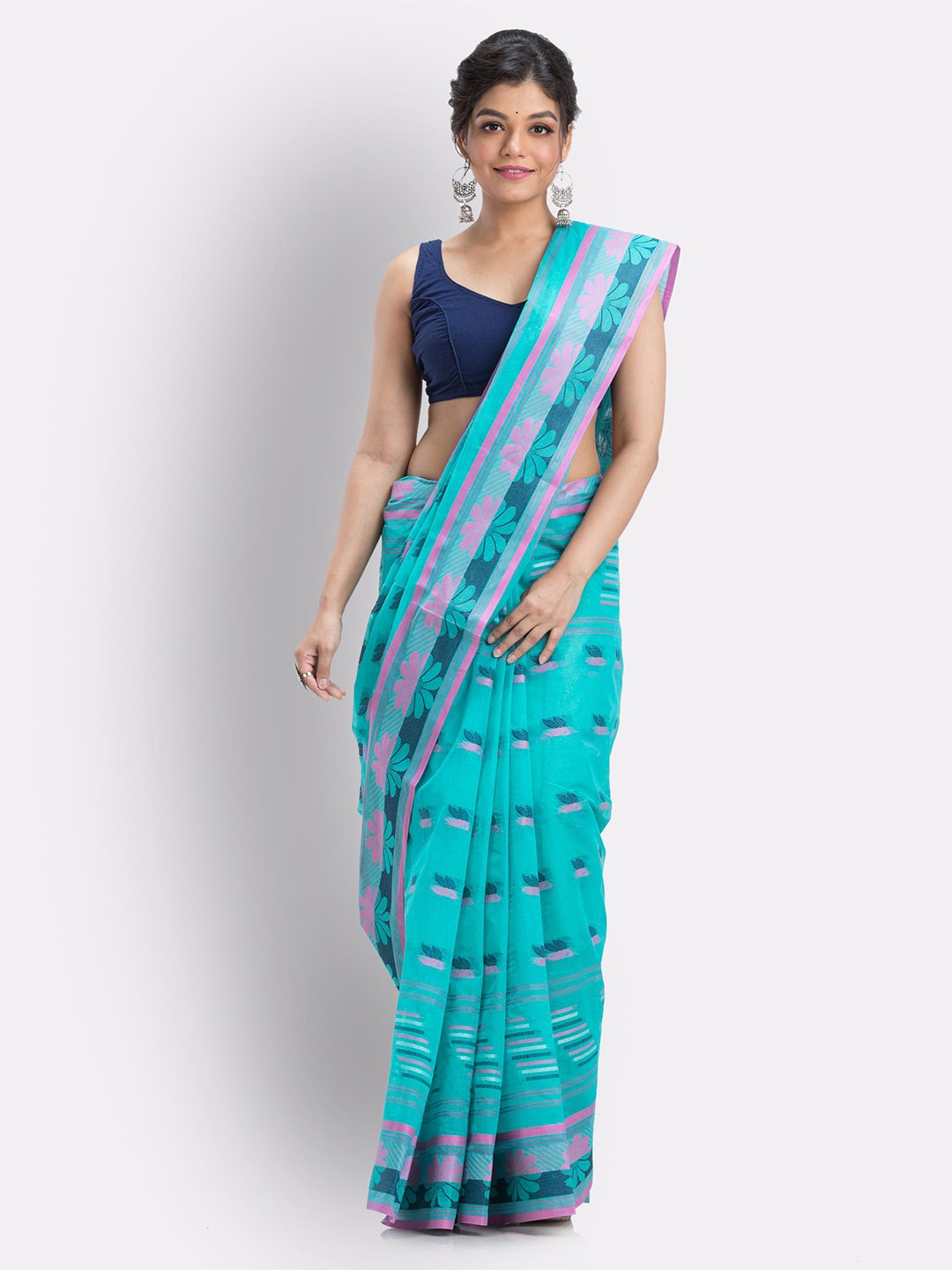 

Angoshobha Ethnic Motifs Woven Design Pure Cotton Saree, Turquoise blue