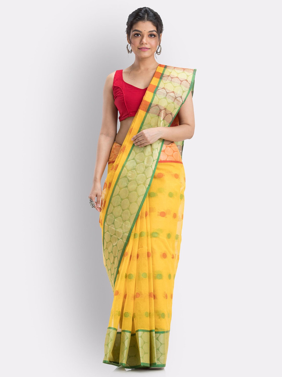 

Angoshobha Polka Dots Woven Design Pure Cotton Saree, Yellow