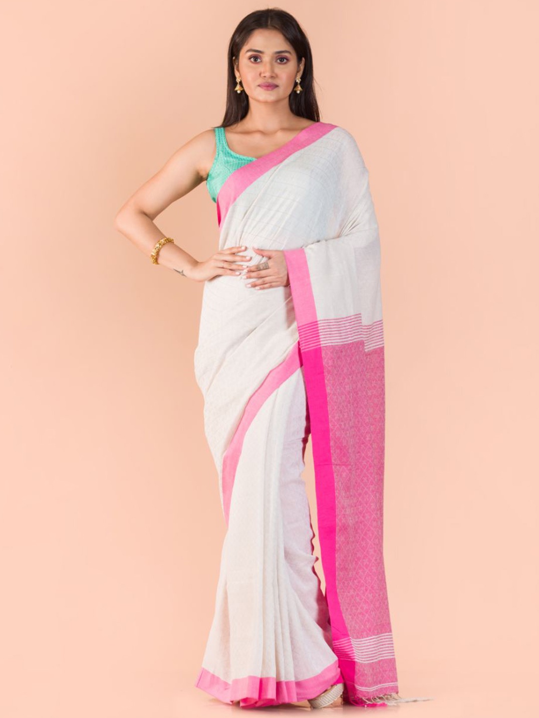 

Angoshobha Ethnic Woven Design Pure Cotton Saree, White