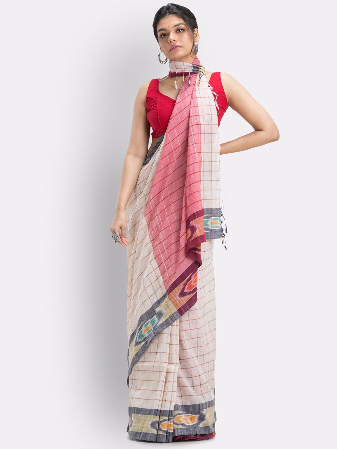 

Angoshobha Checked Woven Design Pure Cotton Saree, Cream