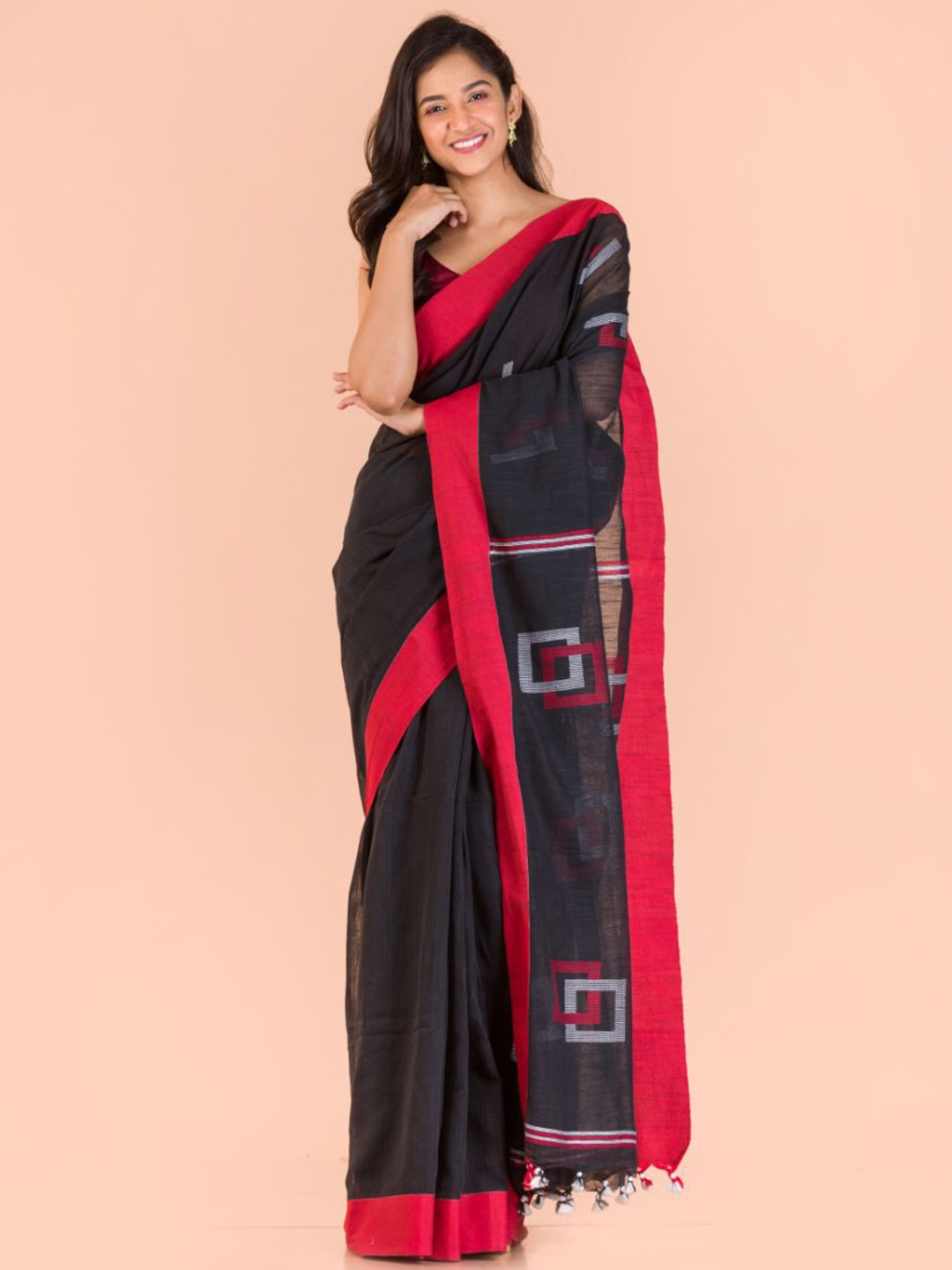 

Angoshobha Ethnic Woven Design Pure Cotton Jamdani Saree, Black