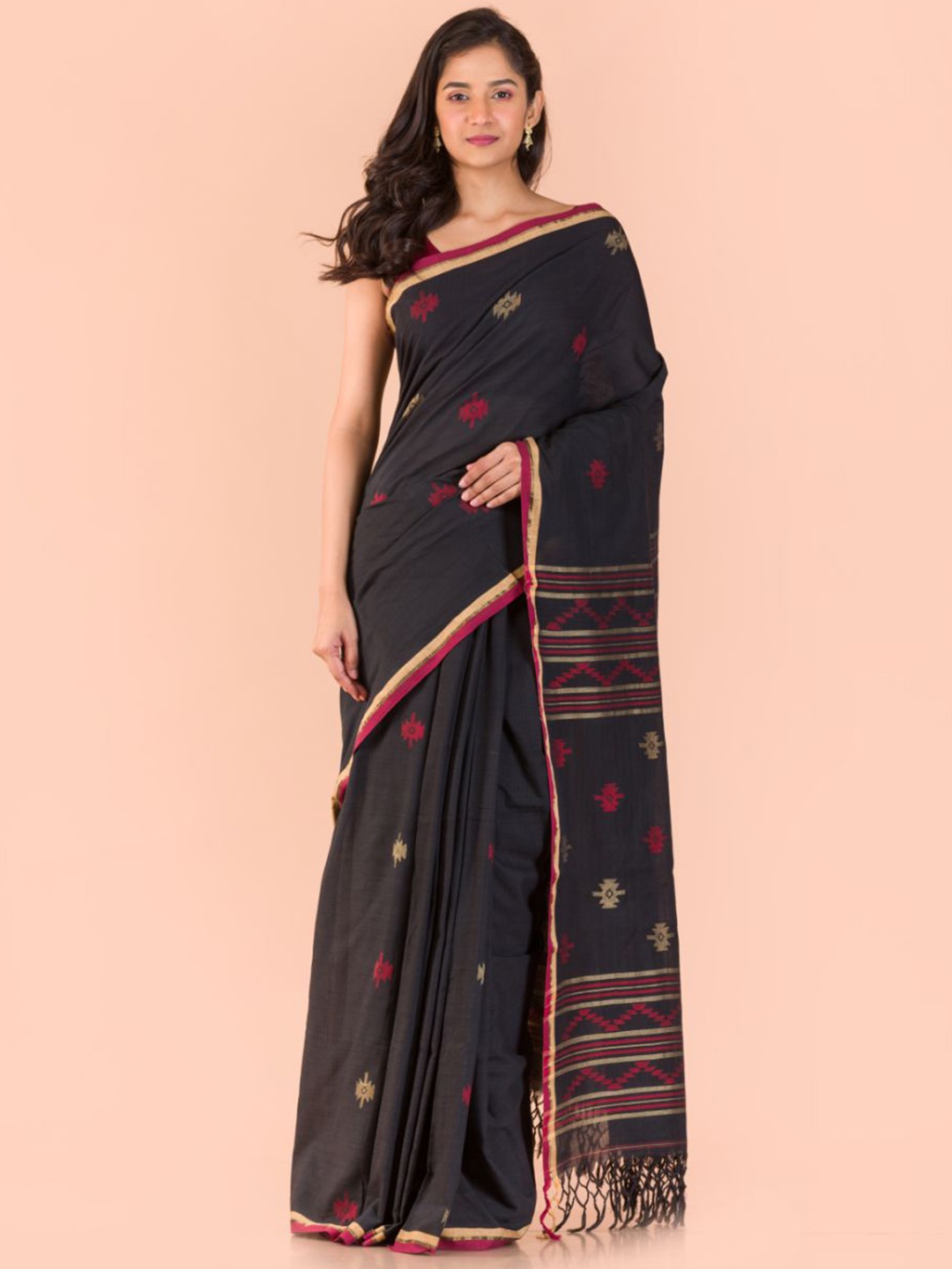 

Angoshobha Ethnic Motifs Woven Design Pure Cotton Jamdani Saree, Black