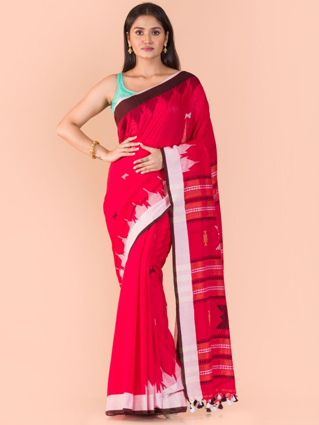 

Angoshobha Geometric Printed Woven Design Pure Cotton Saree, Red