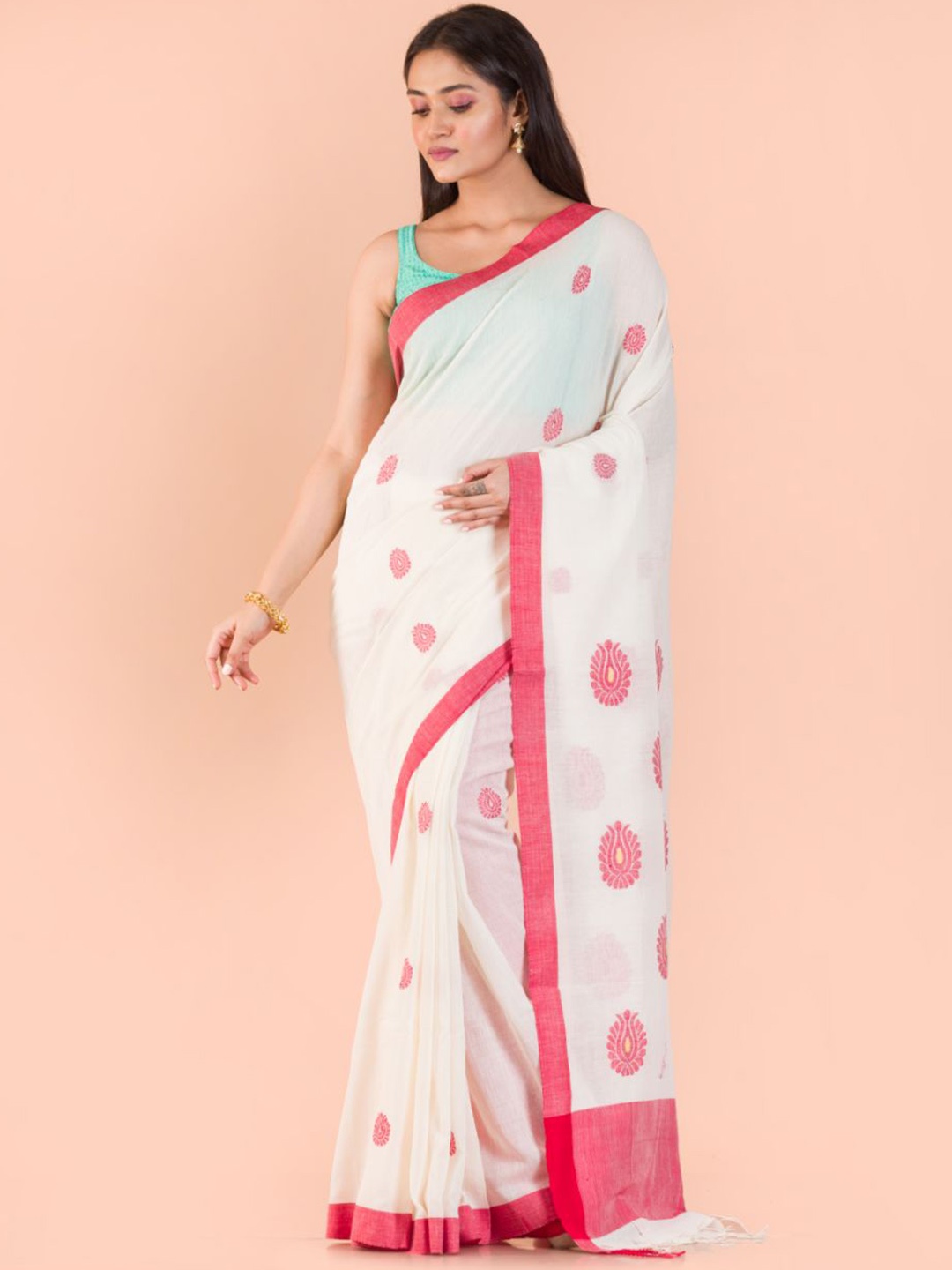 

Angoshobha Ethnic Woven Design Pure Cotton Saree, White