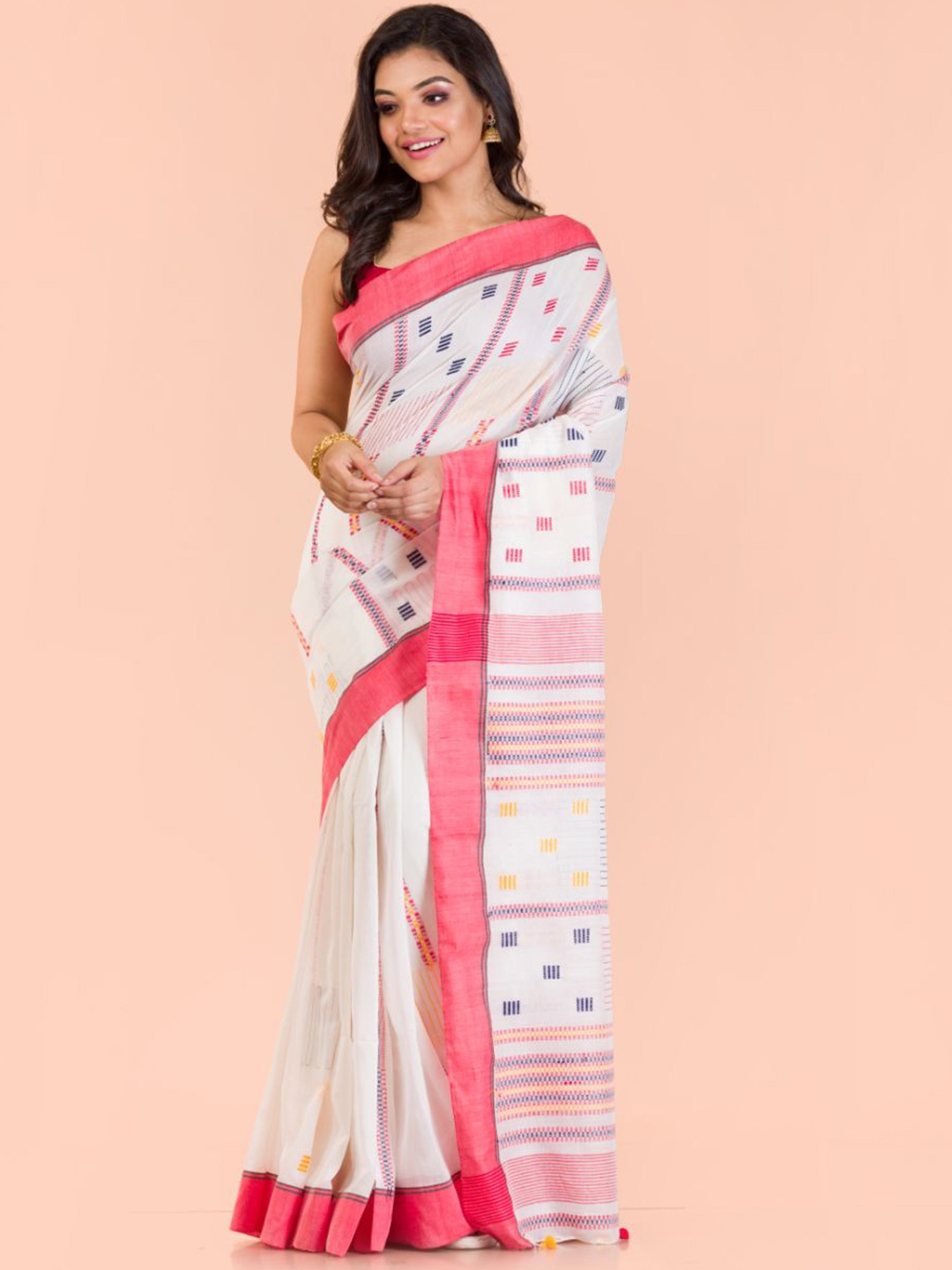 

Angoshobha Striped Woven Design Pure Cotton Jamdani Saree, White