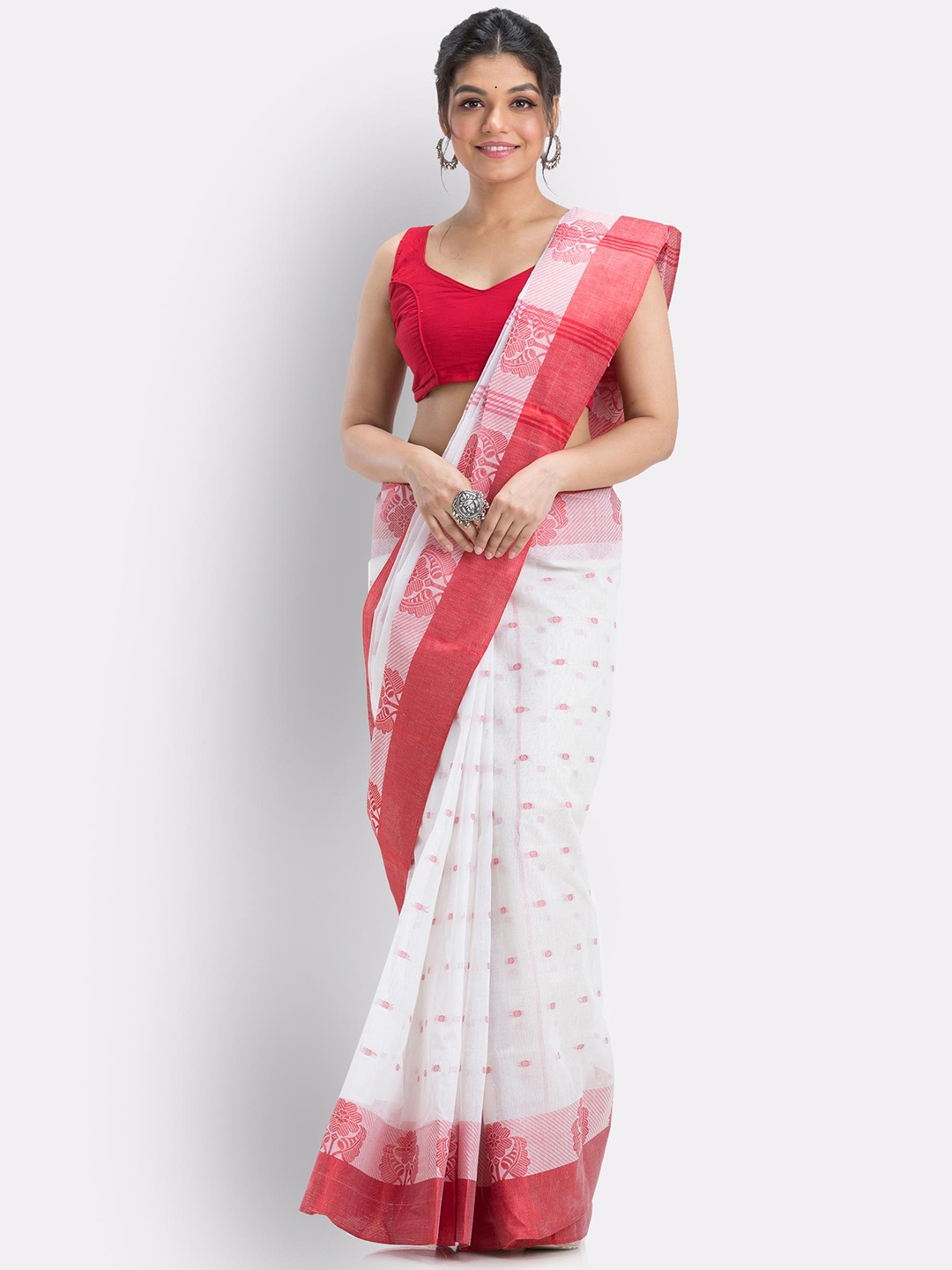 

Angoshobha Ethnic Motifs Woven Design Pure Cotton Saree, White