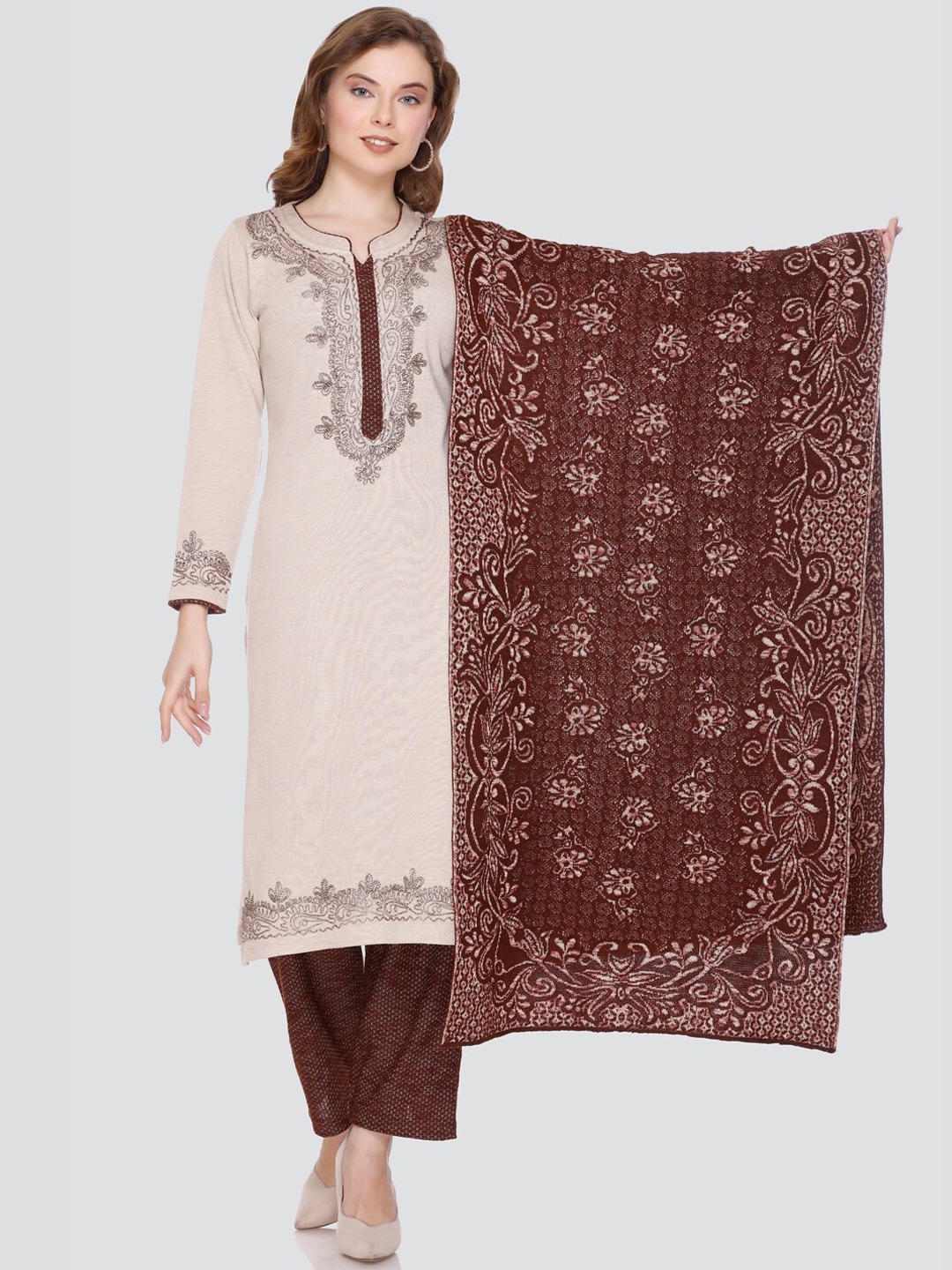 

Elthia Thread Work Round Neck Straight Kurta with Trousers Dupatta, Camel brown
