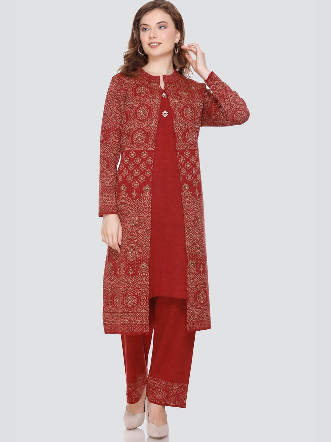 

Elthia Beads and Stones Round Neck Straight Kurta with Trousers, Red