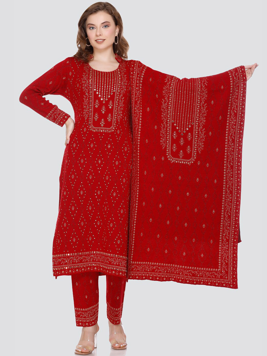 

Elthia Beads and Stones Round Neck Straight Kurta with Trousers Dupatta, Red