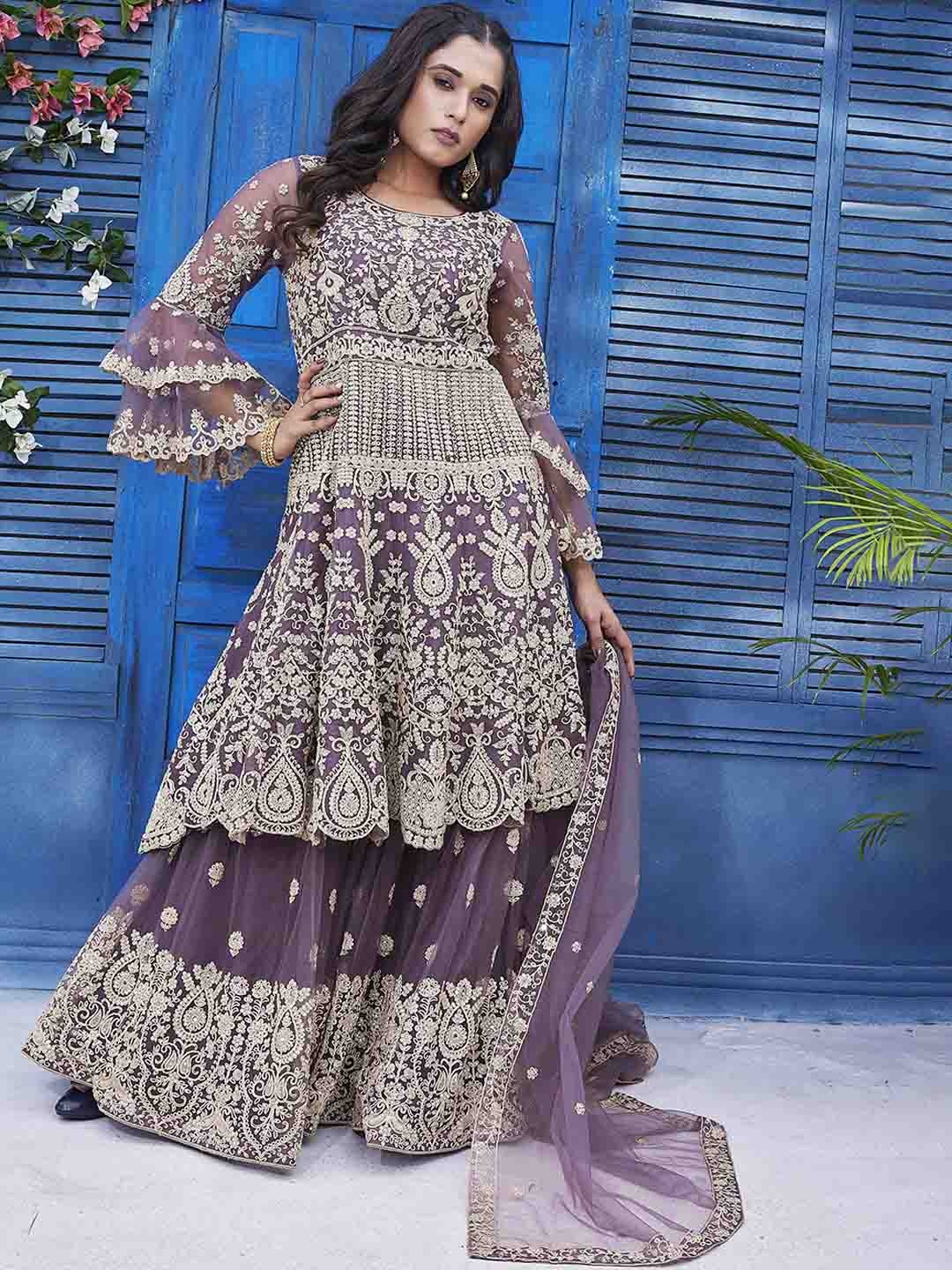 

Chandbaali Ethnic Motifs Embroidered Beads and Stones Pure Silk Kurta Set, Purple