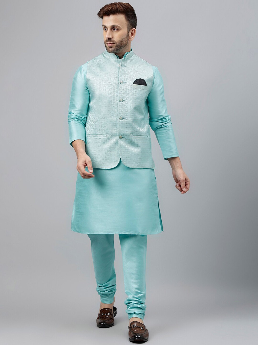 

Hangup Ethnic Motifs Mandarin Collar Dupion Silk Kurta With Pyjama, Turquoise blue