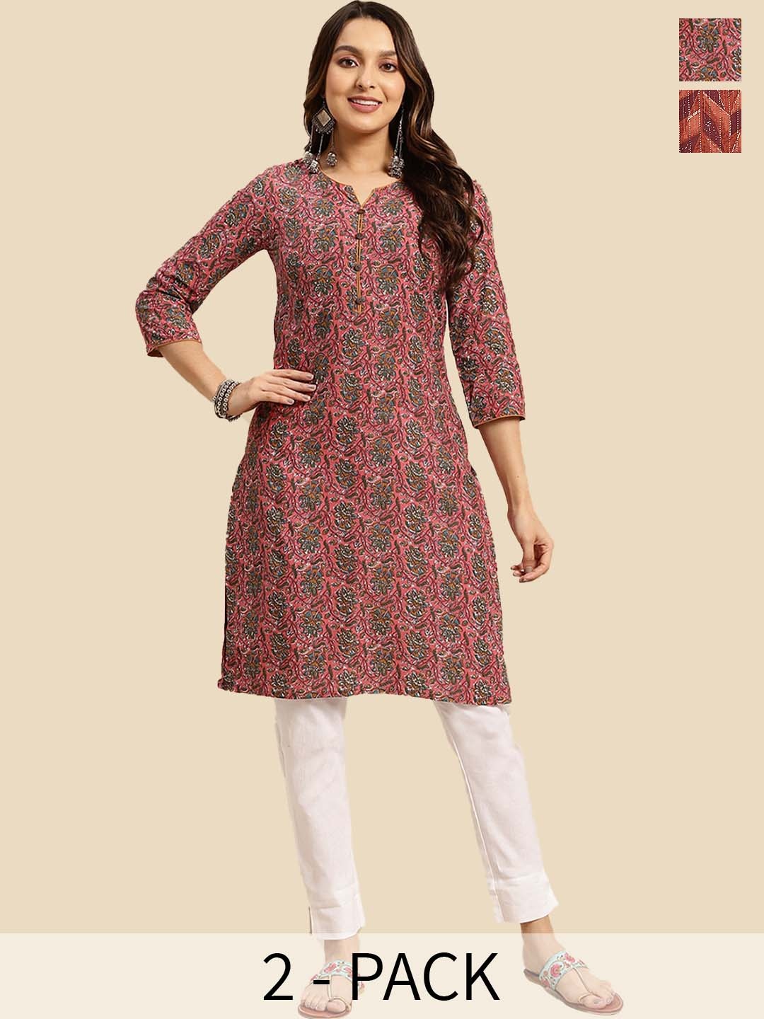 

Rangita Seletion Of 2 Geometric Printed Notch Neckline Straight Pure Cotton Kurta, Coral