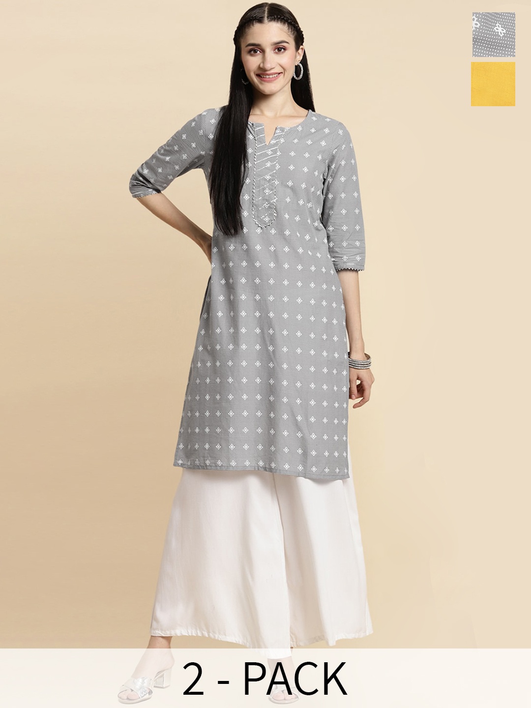 

Rangita Seletion Of 2 Printed Notch Neckline Straight Pure Cotton Kurta, Yellow