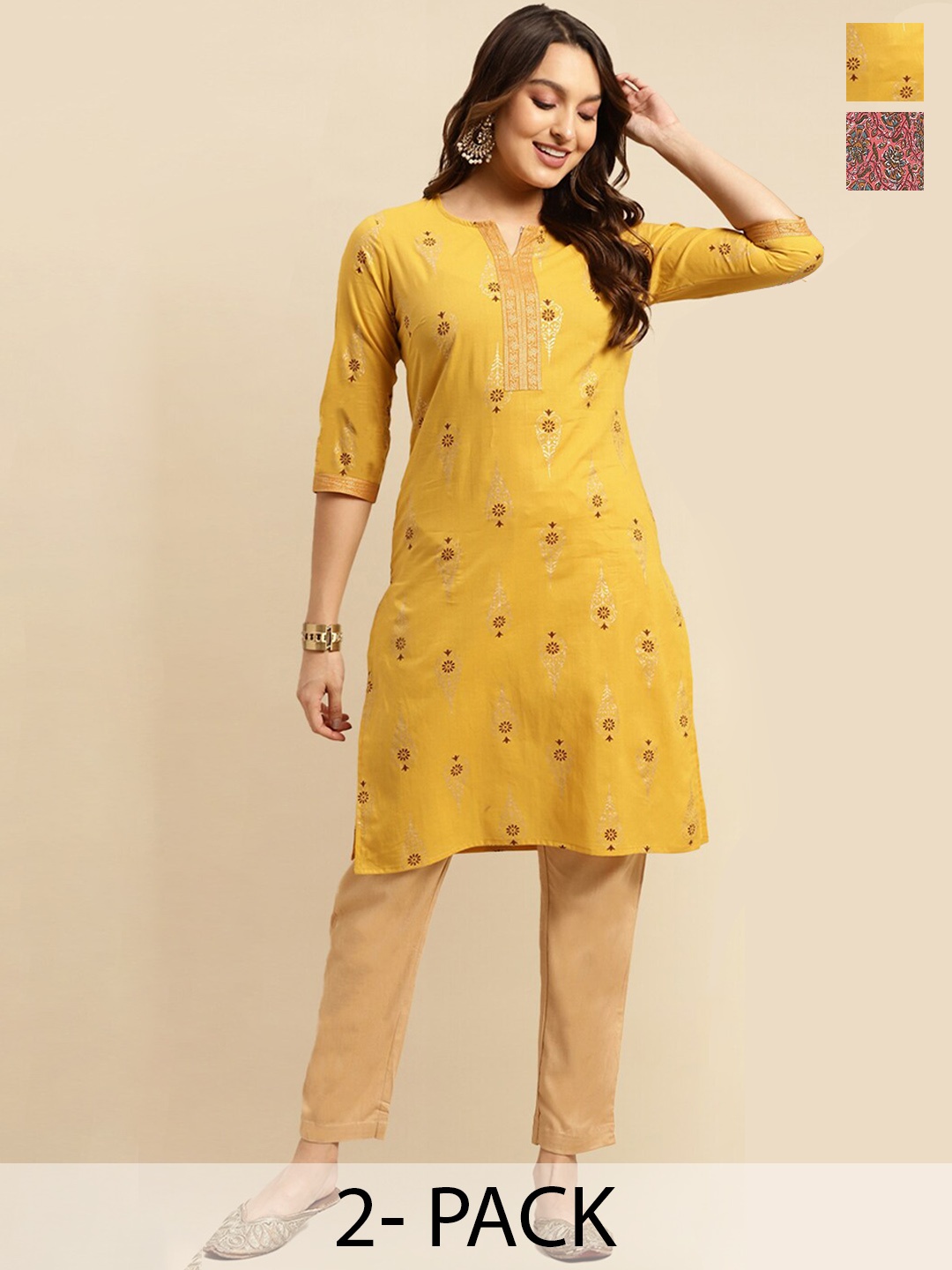 

Rangita Seletion Of 2 Floral Printed Round Neck Pure Cotton Straight Kurta, Yellow