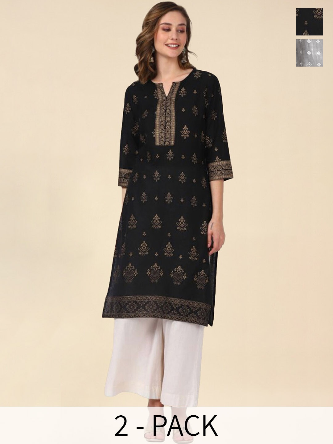 

Rangita Seletion Of 2 Ethnic Motifs Printed Notch Neckline Straight Pure Cotton Kurta, Black