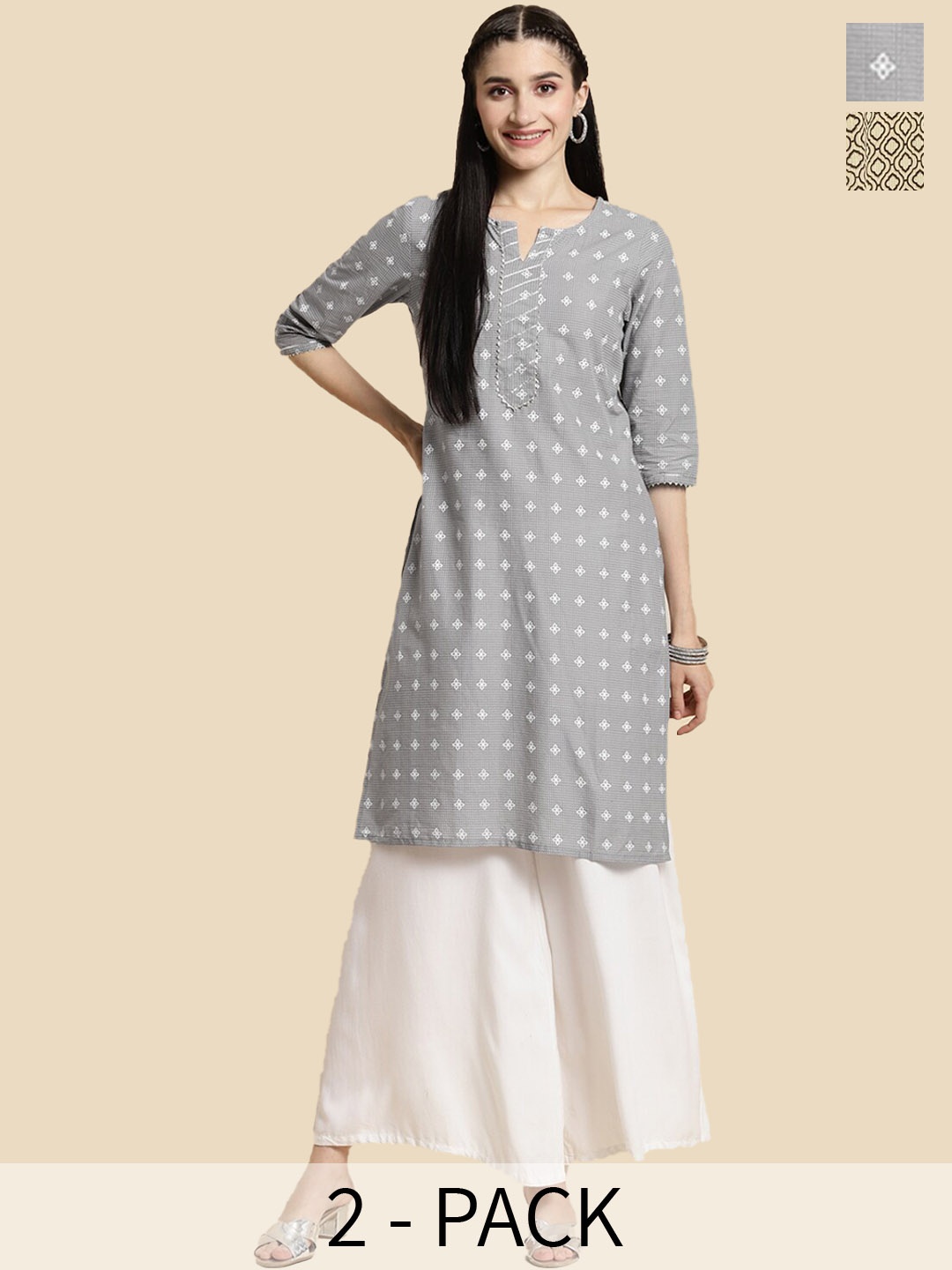 

Rangita Seletion Of 2 Ethnic Motifs Printed Notch Neckline Straight Pure Cotton Kurta, Multi