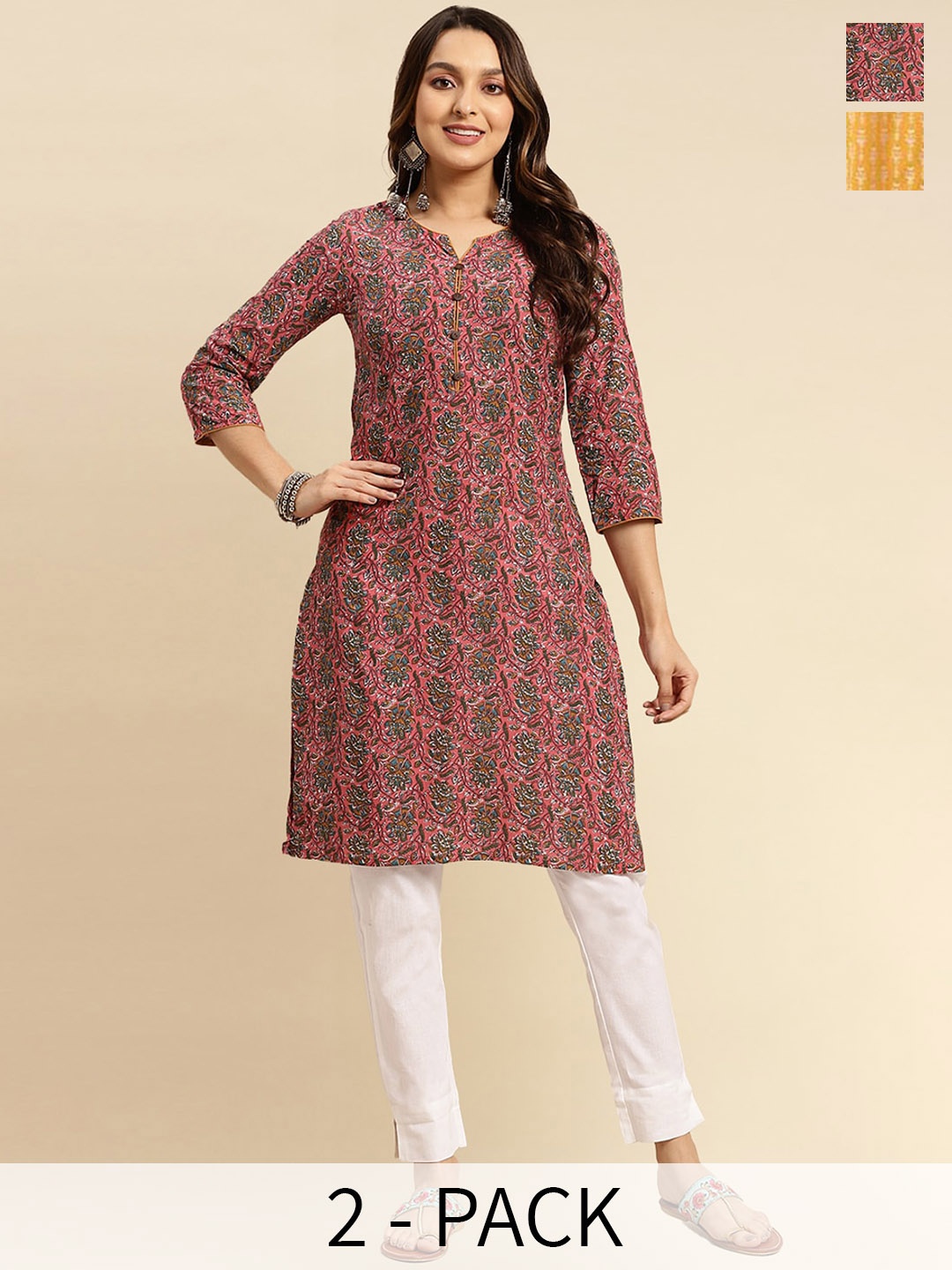 

Rangita Seletion Of 2 Printed Round Neckline Straight Pure Cotton Kurta, Multi