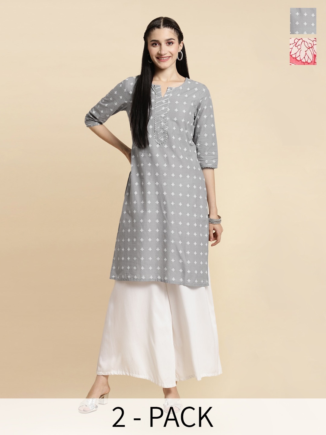 

Rangita Seletion Of 2 Floral Printed Round Neckline Straight Pure Cotton Kurta, Grey