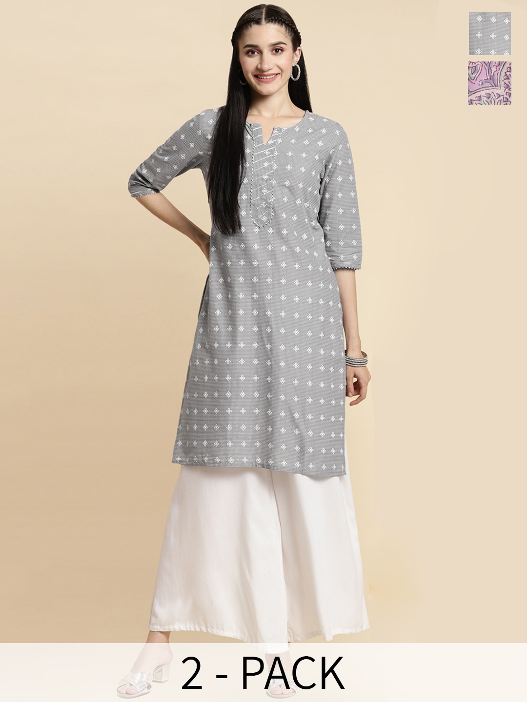 

Rangita Seletion Of 2 Ethnic Motifs Printed Notch Neckline Straight Pure Cotton Kurta, Multi