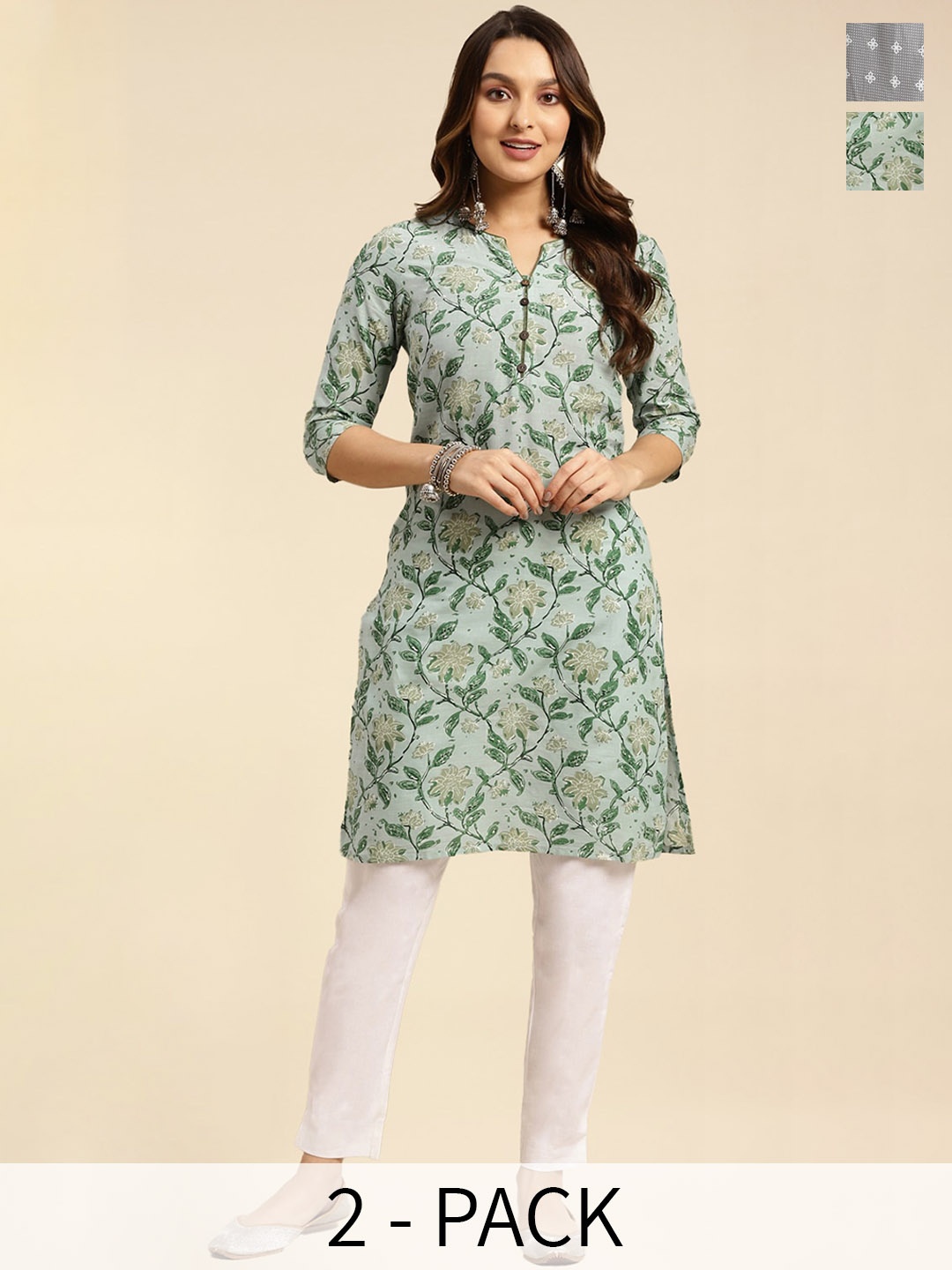

Rangita Seletion Of 2 Floral Printed Notch Neckline Straight Pure Cotton Kurta, Green