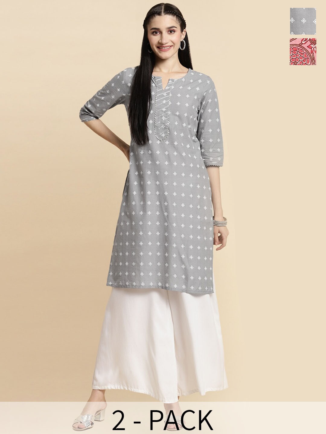 

Rangita Seletion Of 2 Floral Printed Notch Neckline Straight Pure Cotton Kurta, Grey