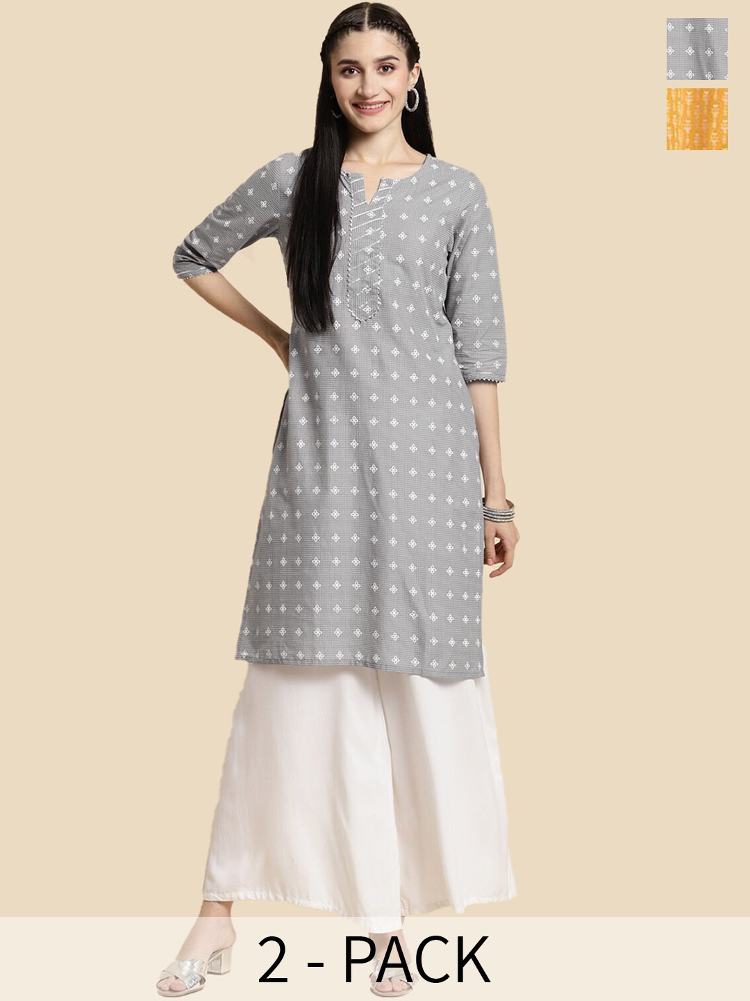

Rangita Seletion Of 2 Floral Printed Notch Neckline Straight Pure Cotton Kurta, Grey