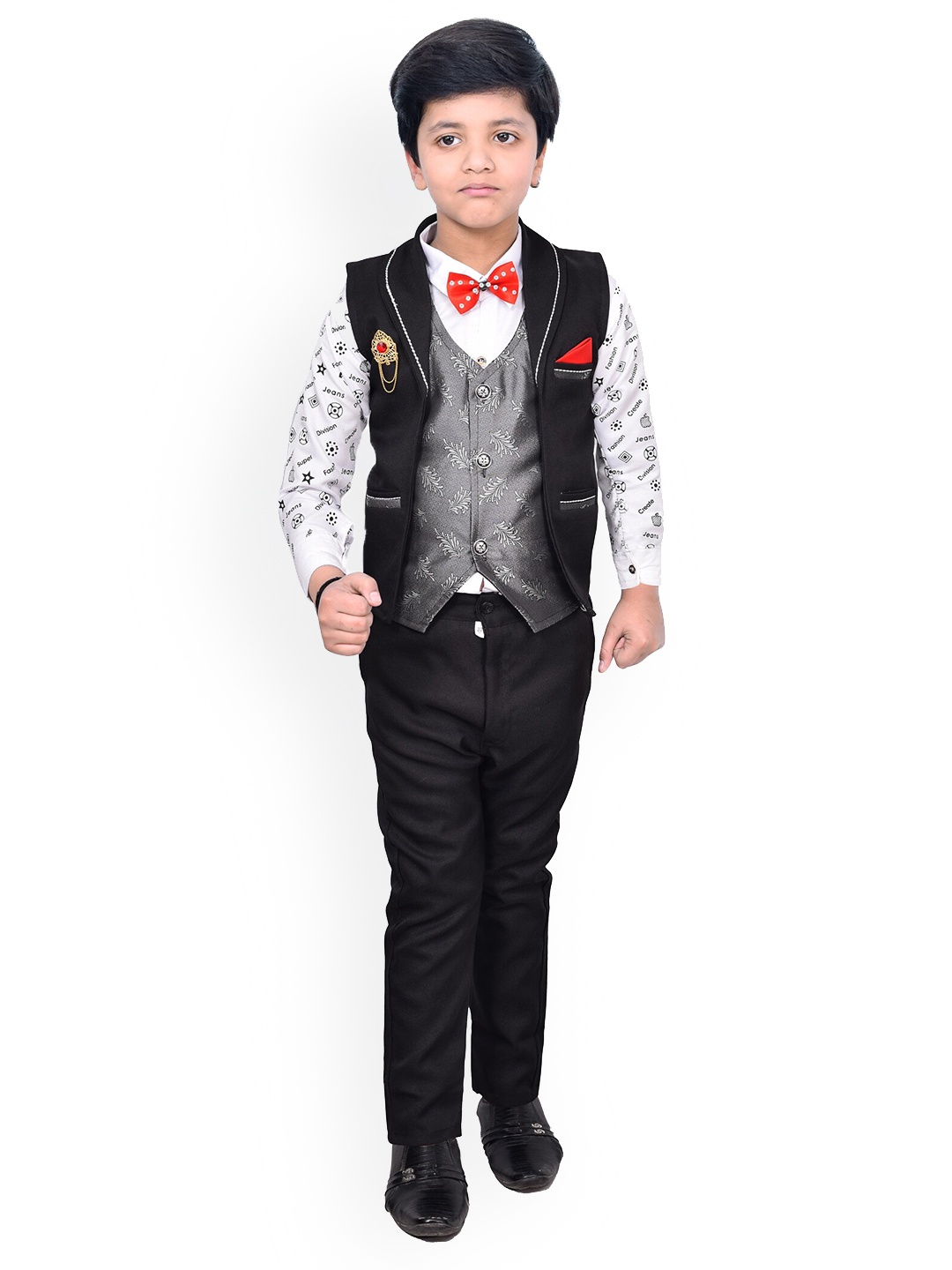 

BAESD Boys Printed 4-Pcs Single-Breasted Waistcoat & Trousers With Shirt And Bow, Black