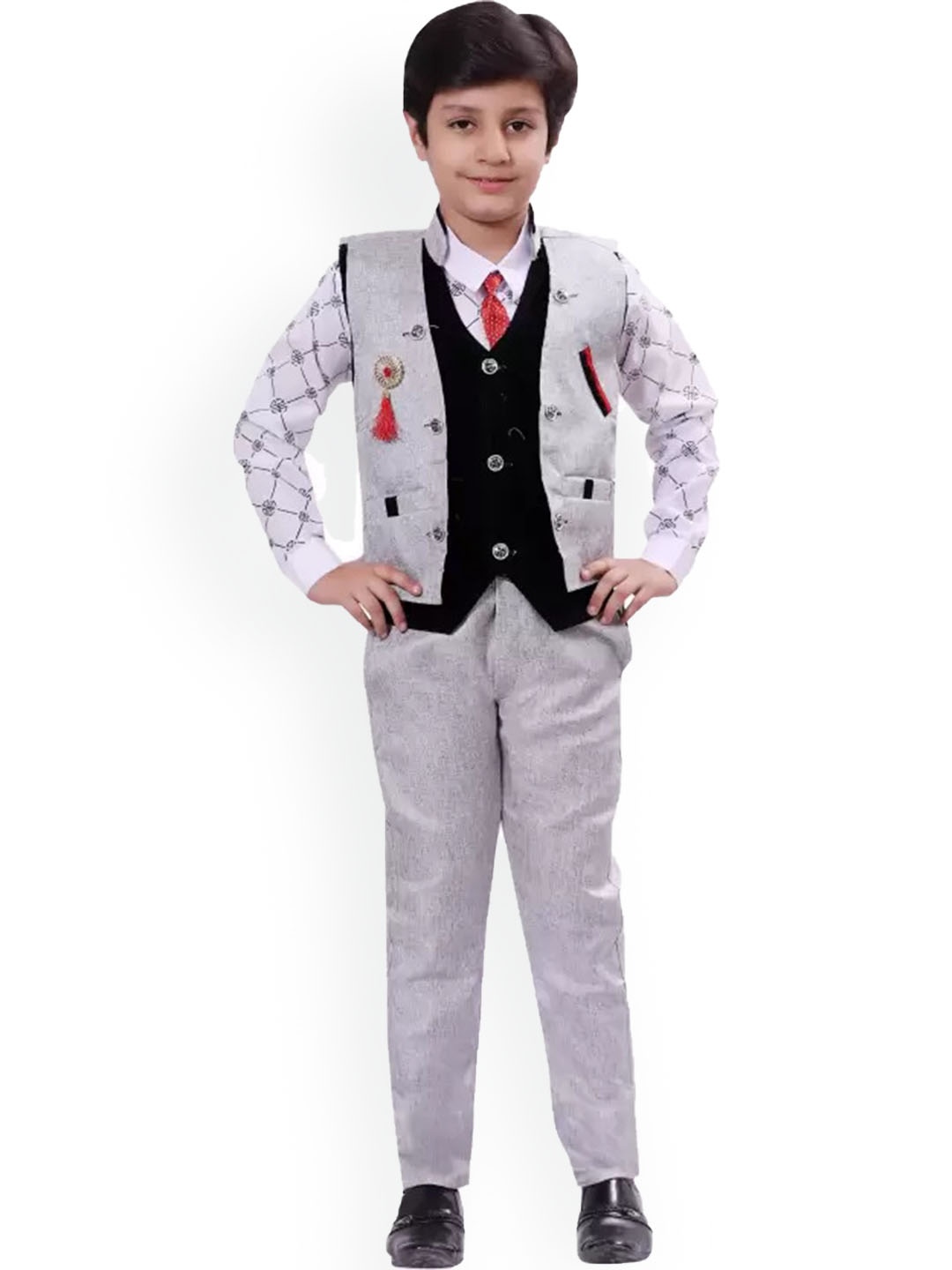 

BAESD Boys Printed Single-Breasted Suit, Grey