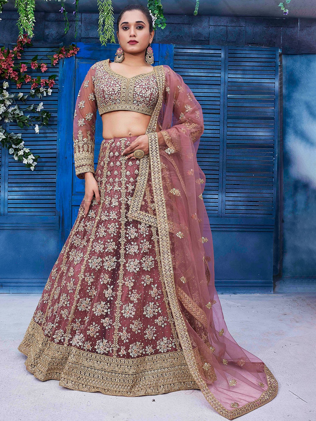 

Chandbaali Floral Embroidered Beads and Stones Block Print Ready to Wear Lehenga Choli, Peach