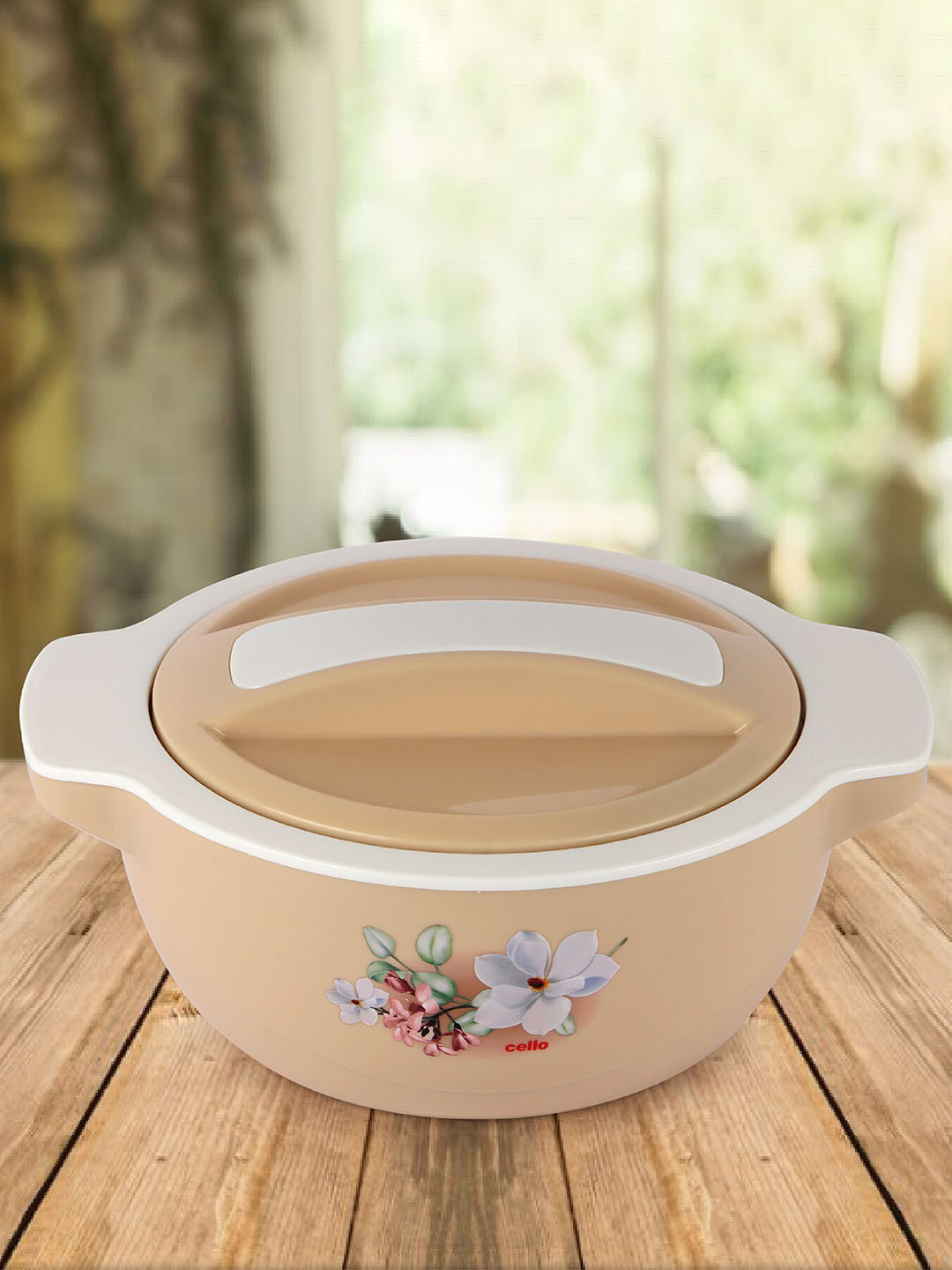 

Cello Vista Beige & White Insulated Inner Steel Casserole With Firm Grip Handles 1.5 L