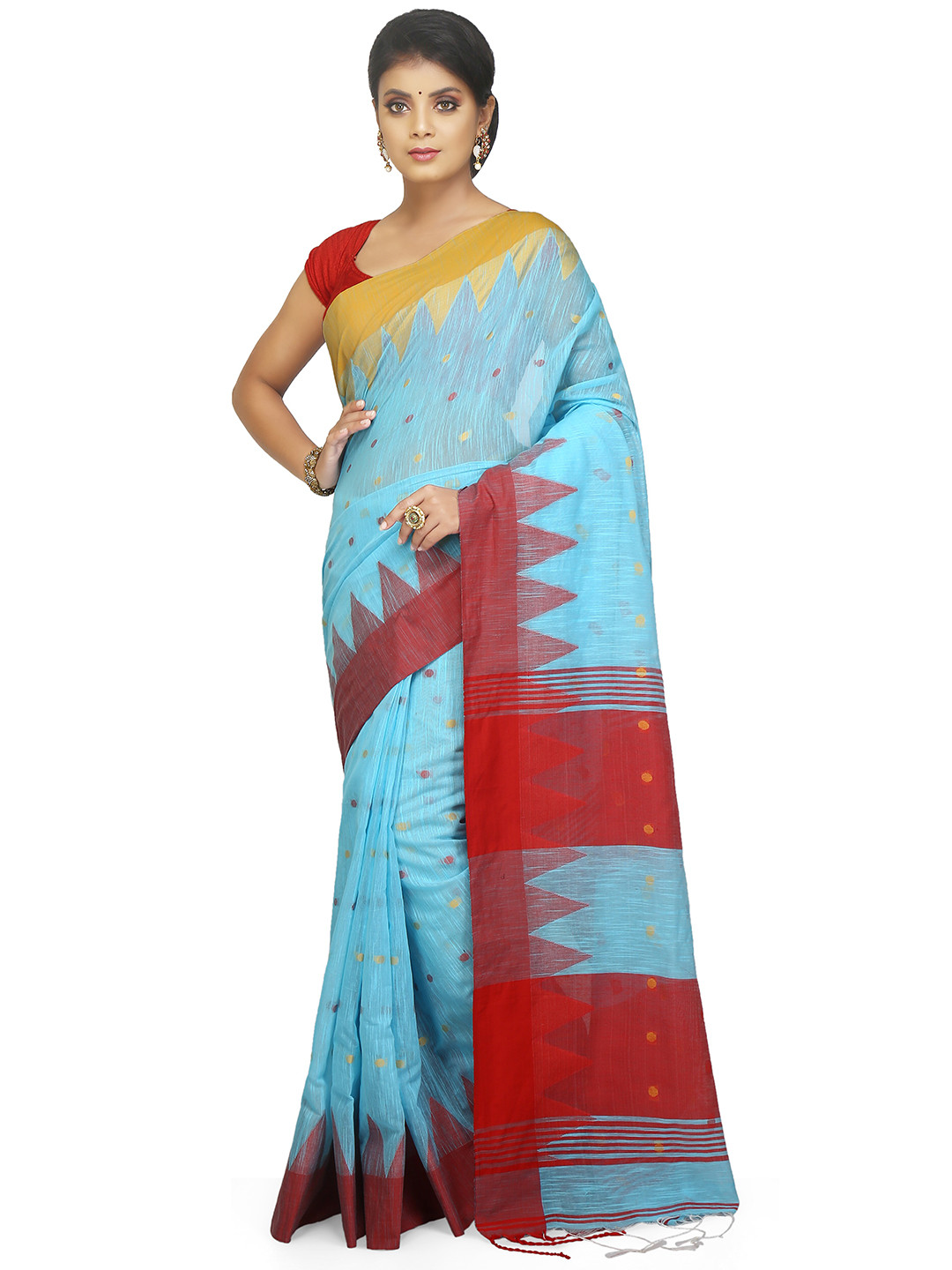 

BENGAL HANDLOOM Turquoise Blue & Red Ethnic Woven Design Silk Cotton Taant Saree