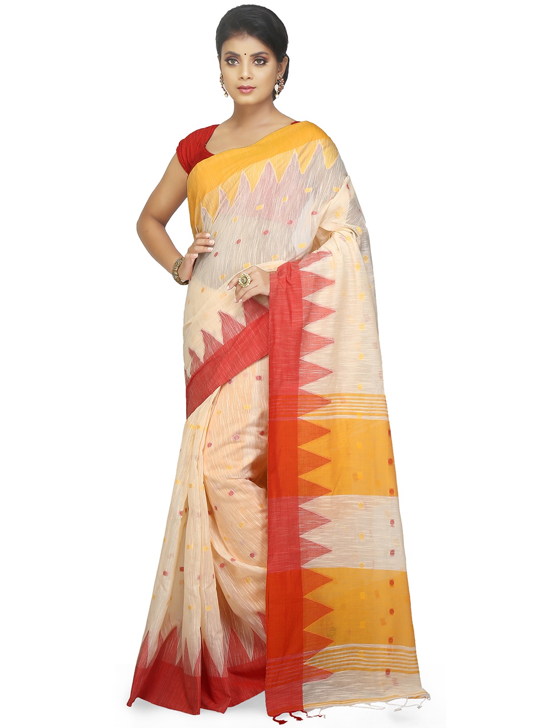 

BENGAL HANDLOOM Beige & Orange Ethnic Woven Design Silk Cotton Taant Saree