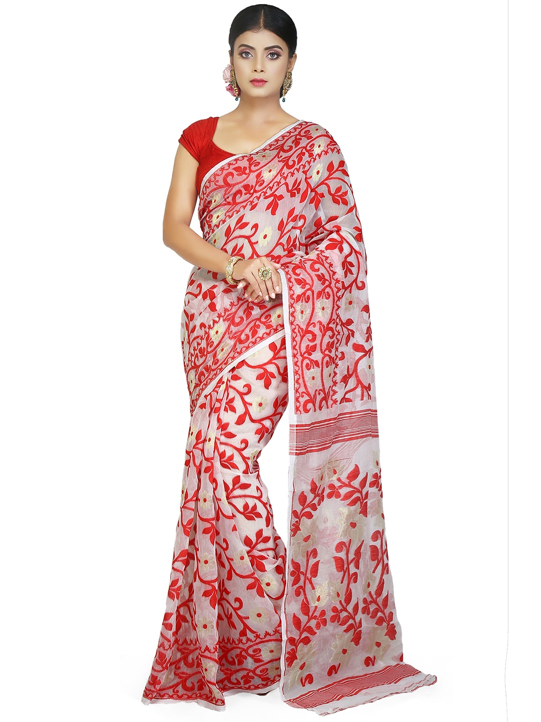 

BENGAL HANDLOOM Floral Printed Silk Cotton Jamdani Saree, White