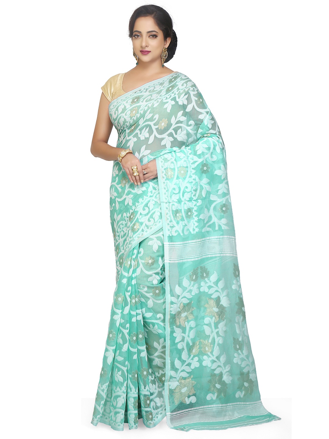 

BENGAL HANDLOOM Floral Printed Silk Cotton Jamdani Saree, Blue