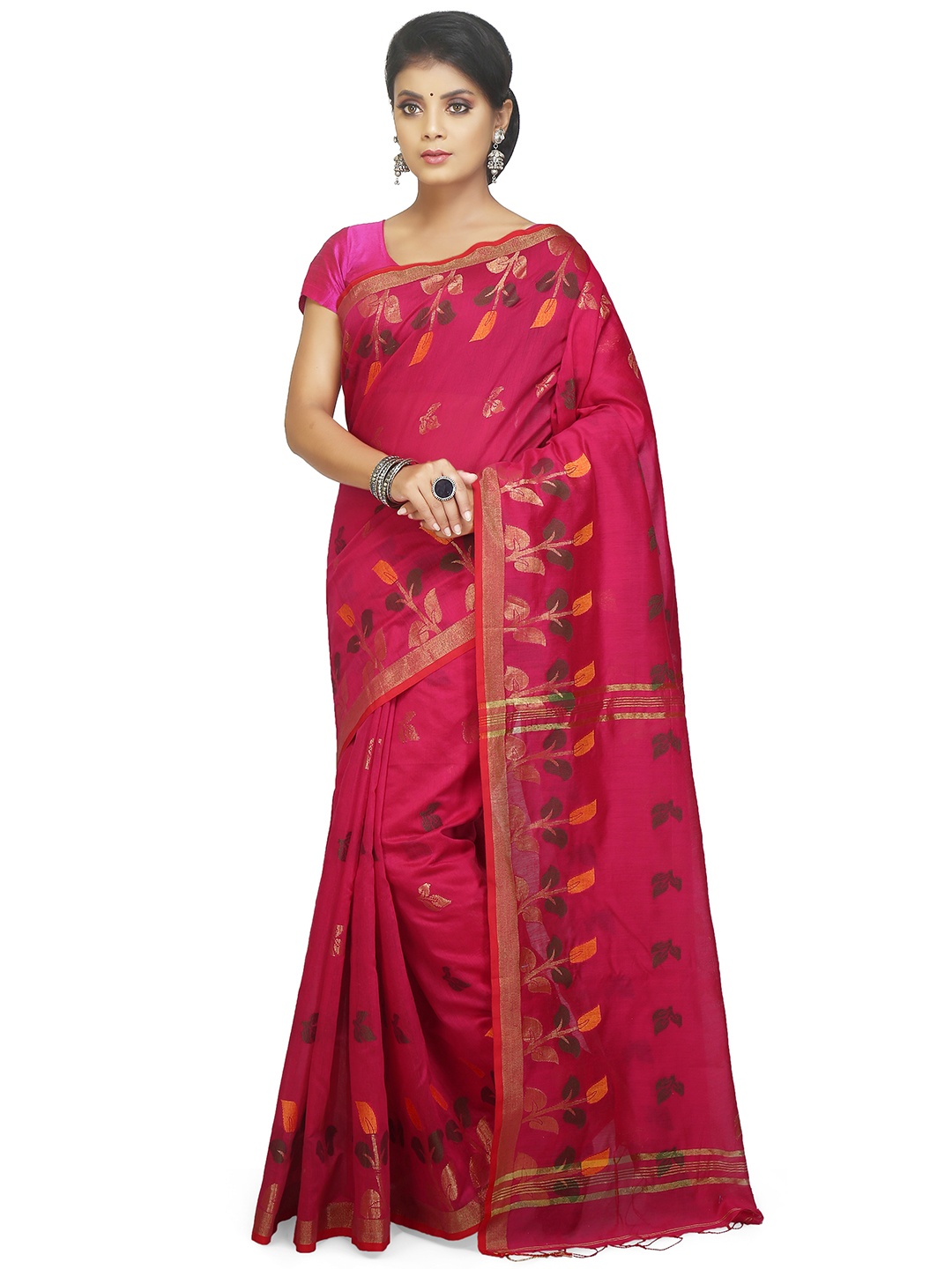 

BENGAL HANDLOOM Floral Woven Design Zari Silk Cotton Taant Saree, Magenta