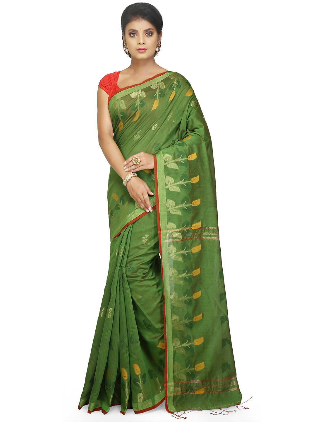 

BENGAL HANDLOOM Green & Yellow Ethnic Woven Design Cotton Silk Taant Saree