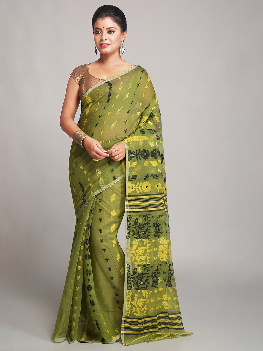 

BENGAL HANDLOOM Green & Yellow Ethnic Woven Design Cotton Silk Jamdani Saree