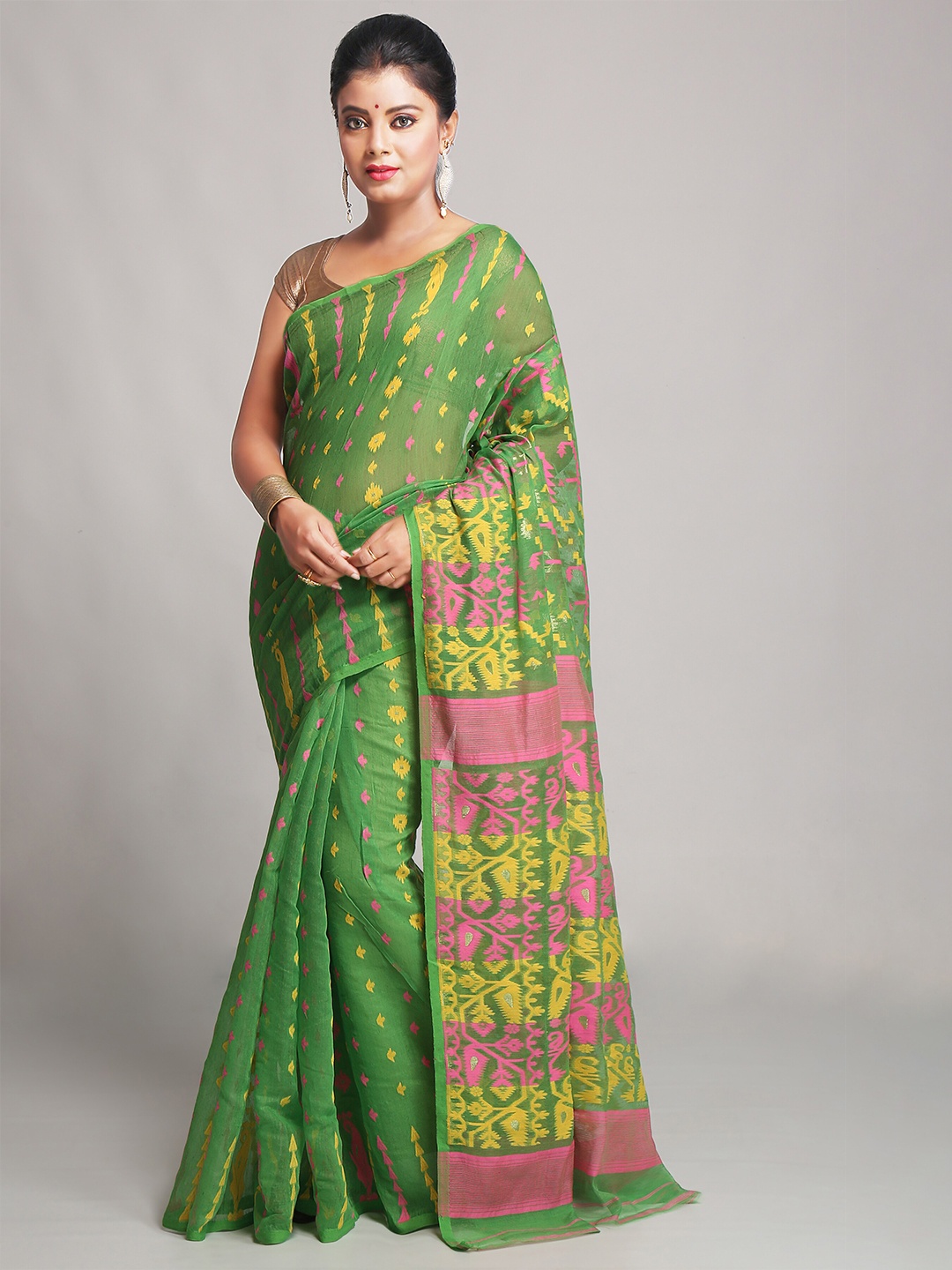 

BENGAL HANDLOOM Ethnic Motifs Woven Design Silk Cotton Jamdani Saree, Green