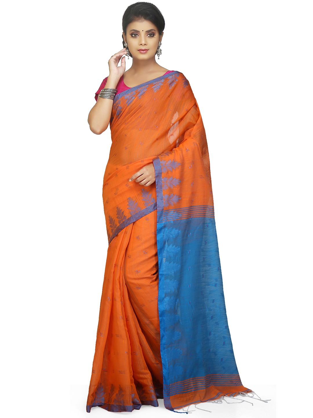 

BENGAL HANDLOOM Orange Colored & Blue Ethnic Woven Design Cotton Silk Taant Saree