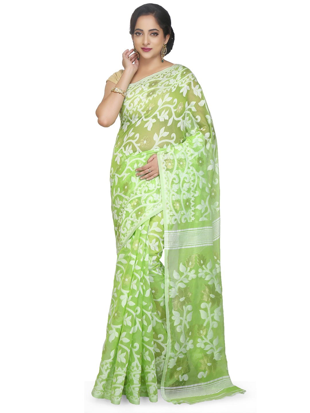 

BENGAL HANDLOOM Green & White Woven Design Cotton Silk Jamdani Saree